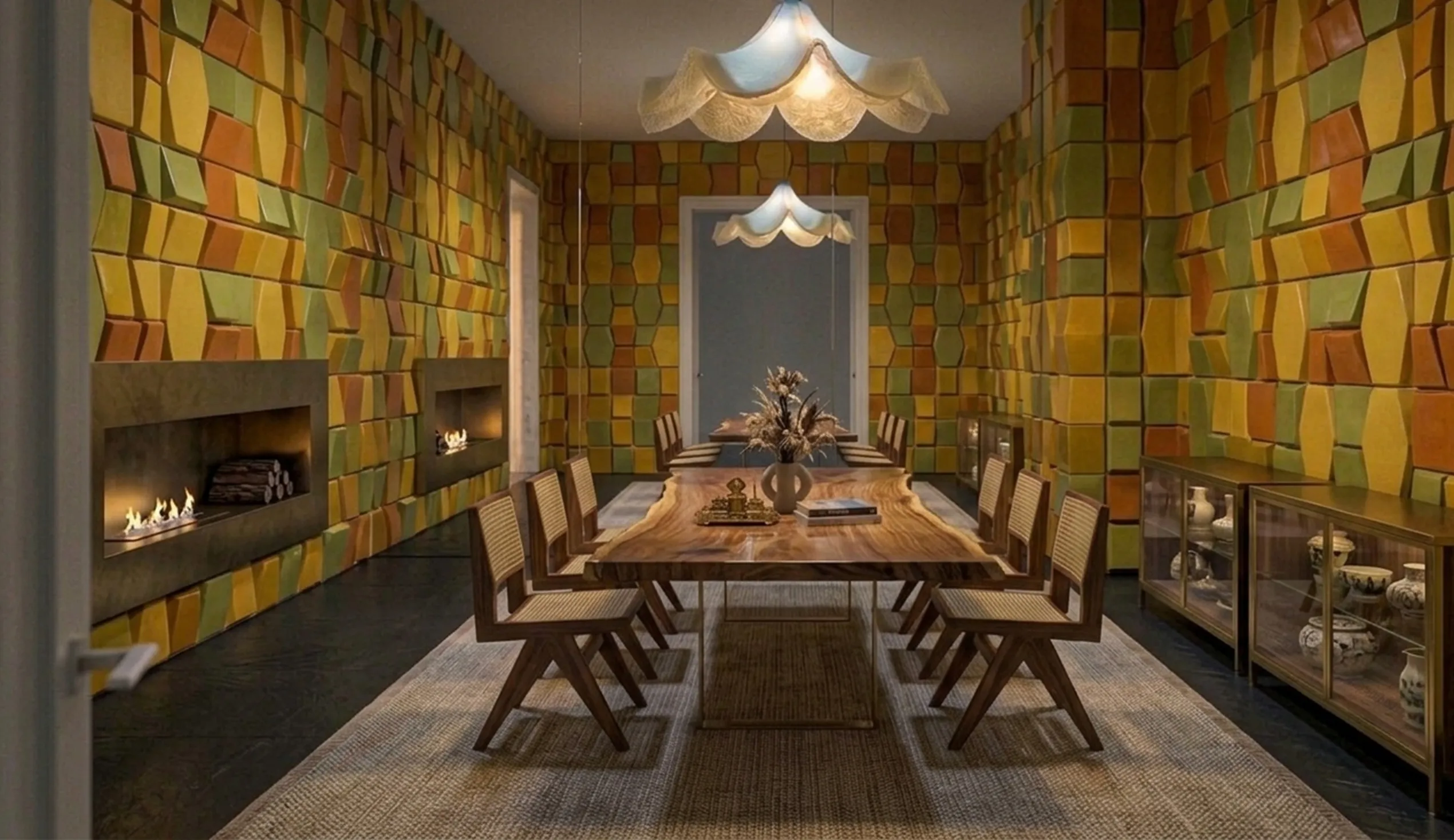 antiga lâmpada de teto com design elegante em um ambiente colorido e acolhedor