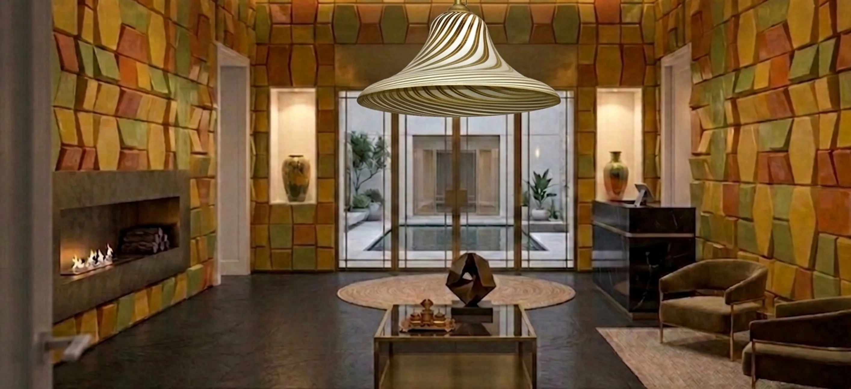 lâmpada de teto antiga com design elegante, sala moderna com lareira