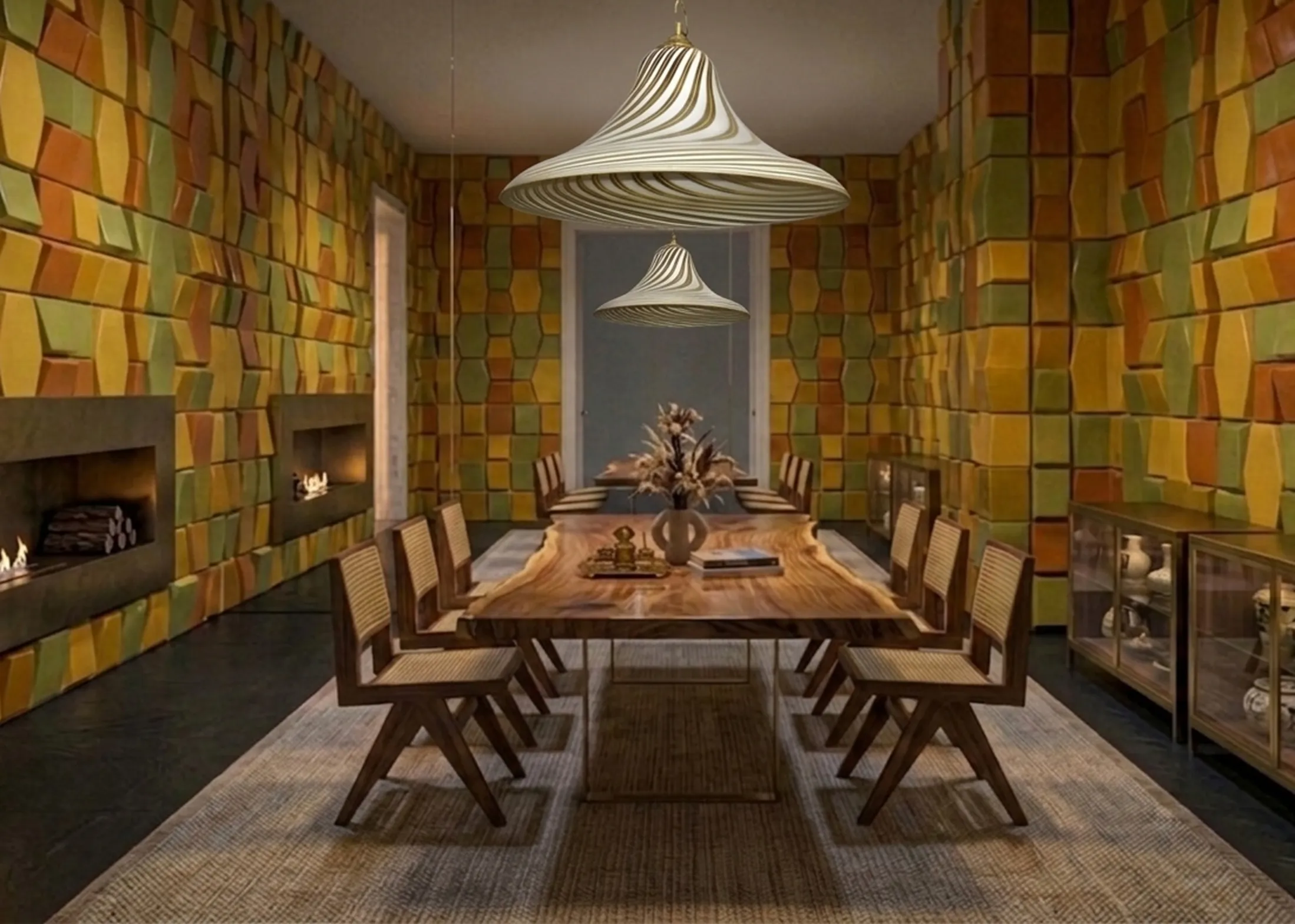 antike Hängelampe mit modernem Design in einem warmen Esszimmer