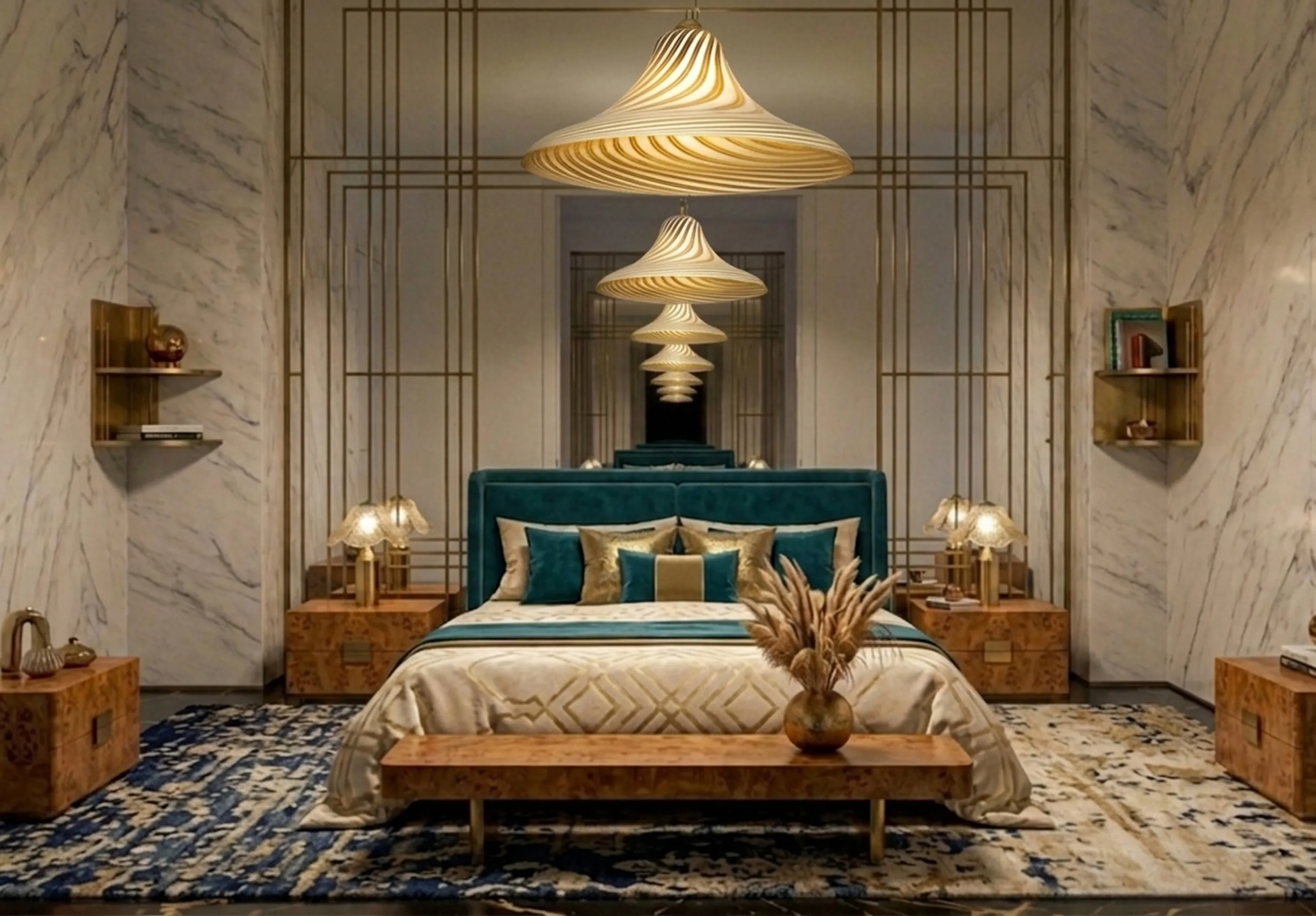 soft lighting from an antique hanging lamp in an elegant bedroom