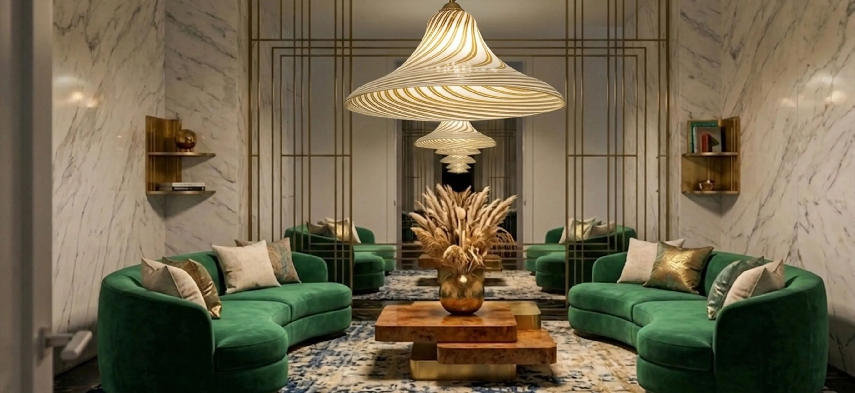 lampe suspendue ancienne dans un cadre moderne avec des canapés verts