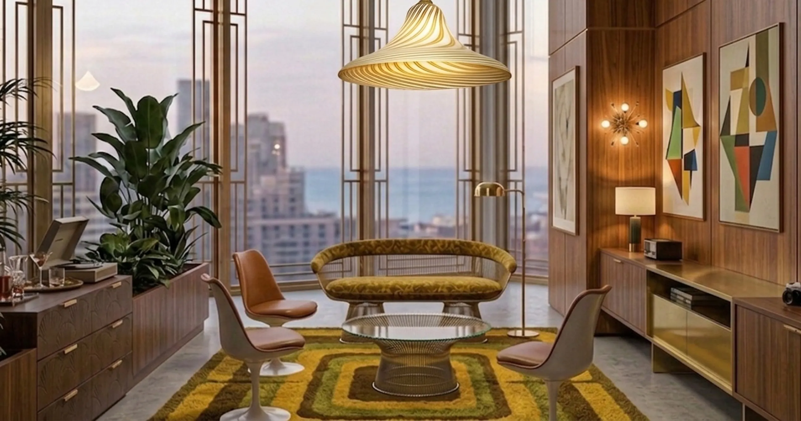 مصباح معلق قديم بتصميم عصري يضيء مساحة مليئة بالنباتات والفن