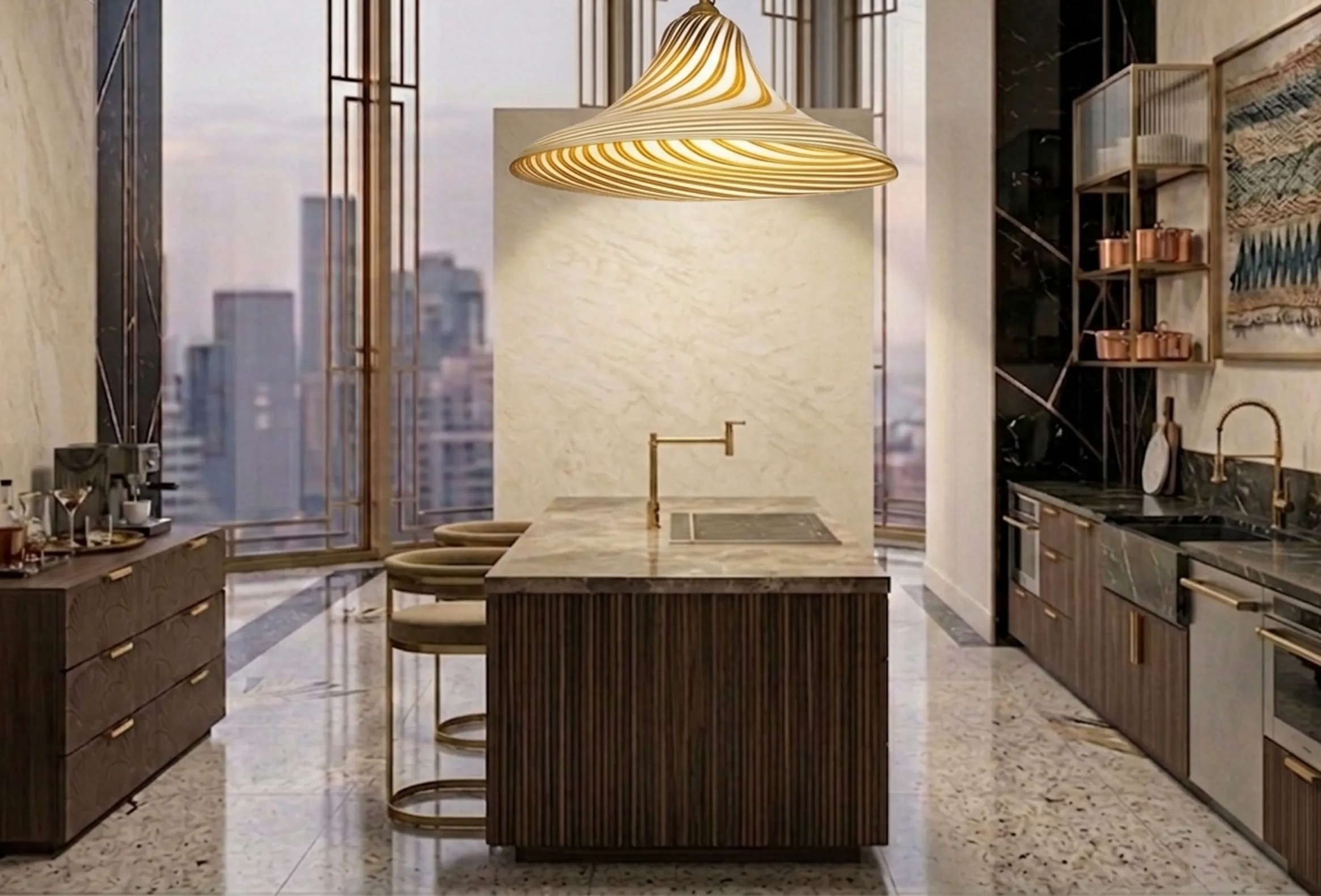 مصباح معلق عتيق من باولو فينيني في مطبخ حديث.