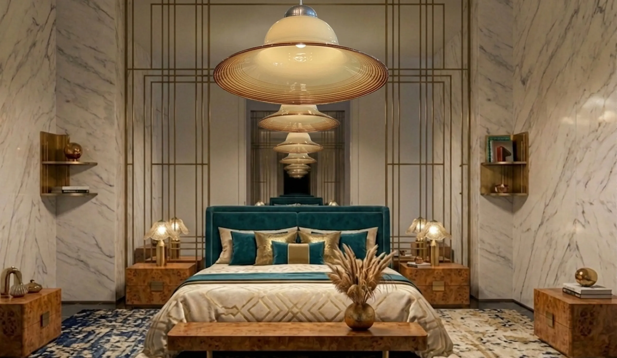 Antique hanging lamp in a modern bedroom with stylish decor.