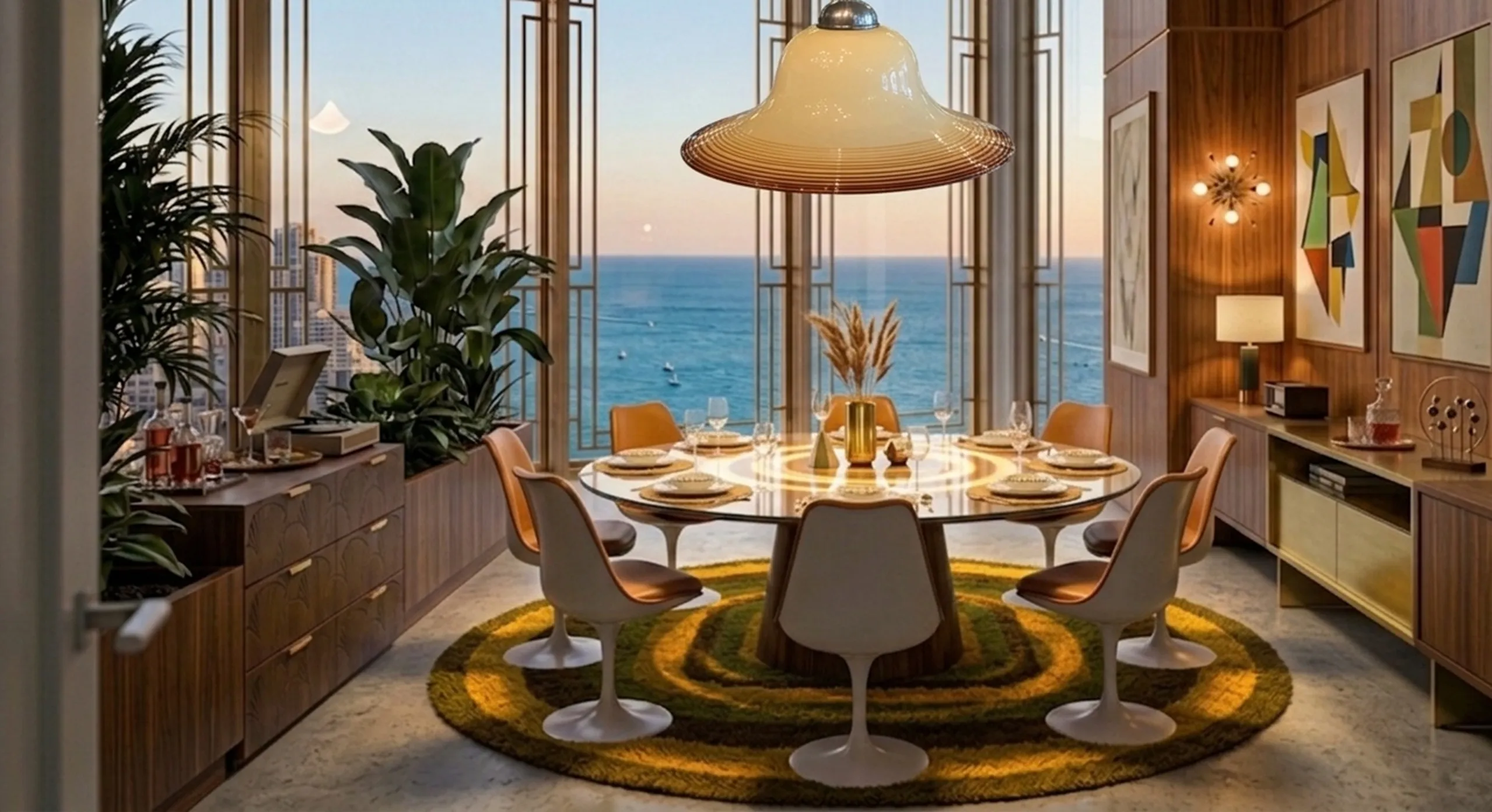 luminária de teto antiga sobre uma mesa redonda em uma sala de jantar elegante com vista para o mar