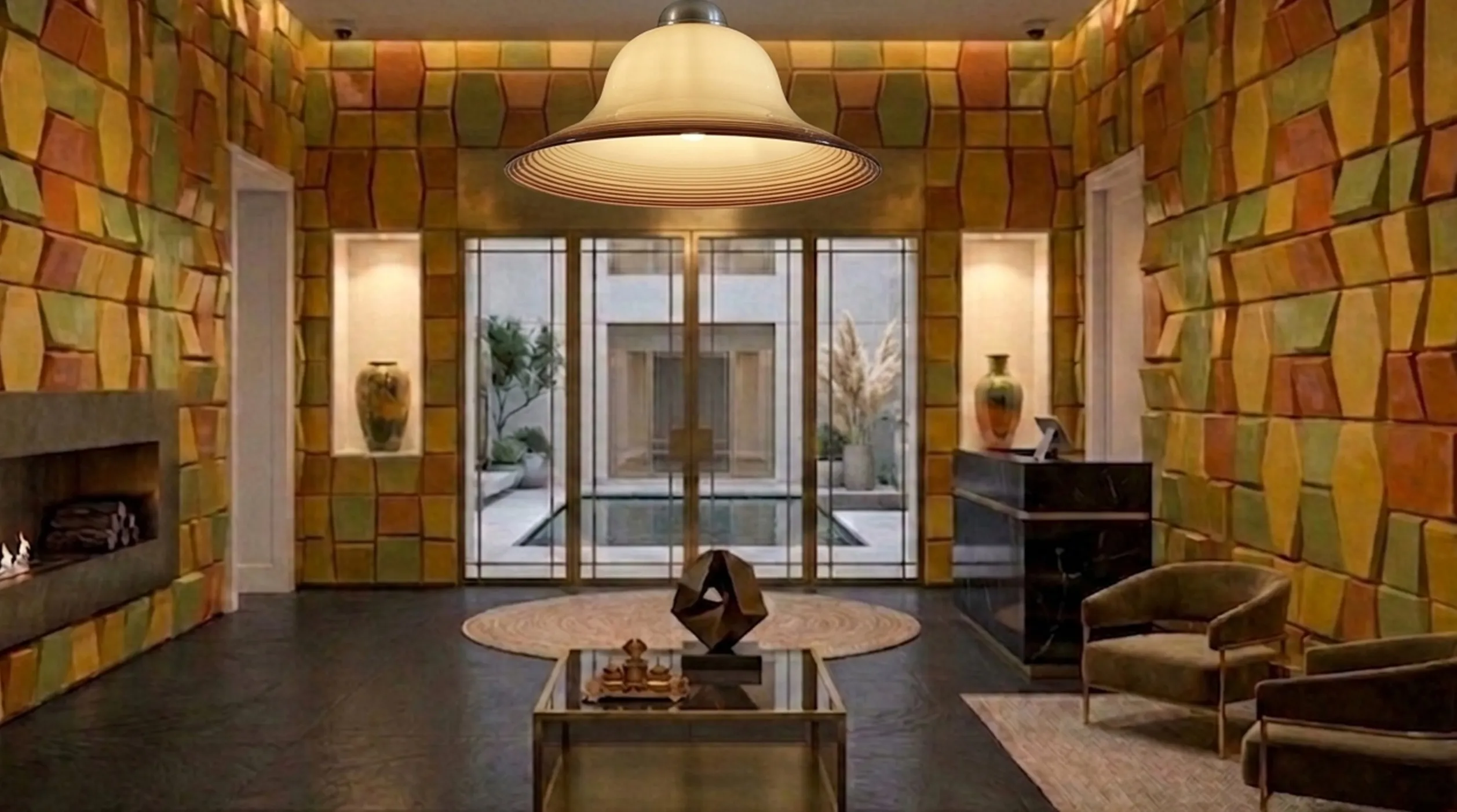 Antique decorative hanging lamp in an elegant living room with colorful walls.