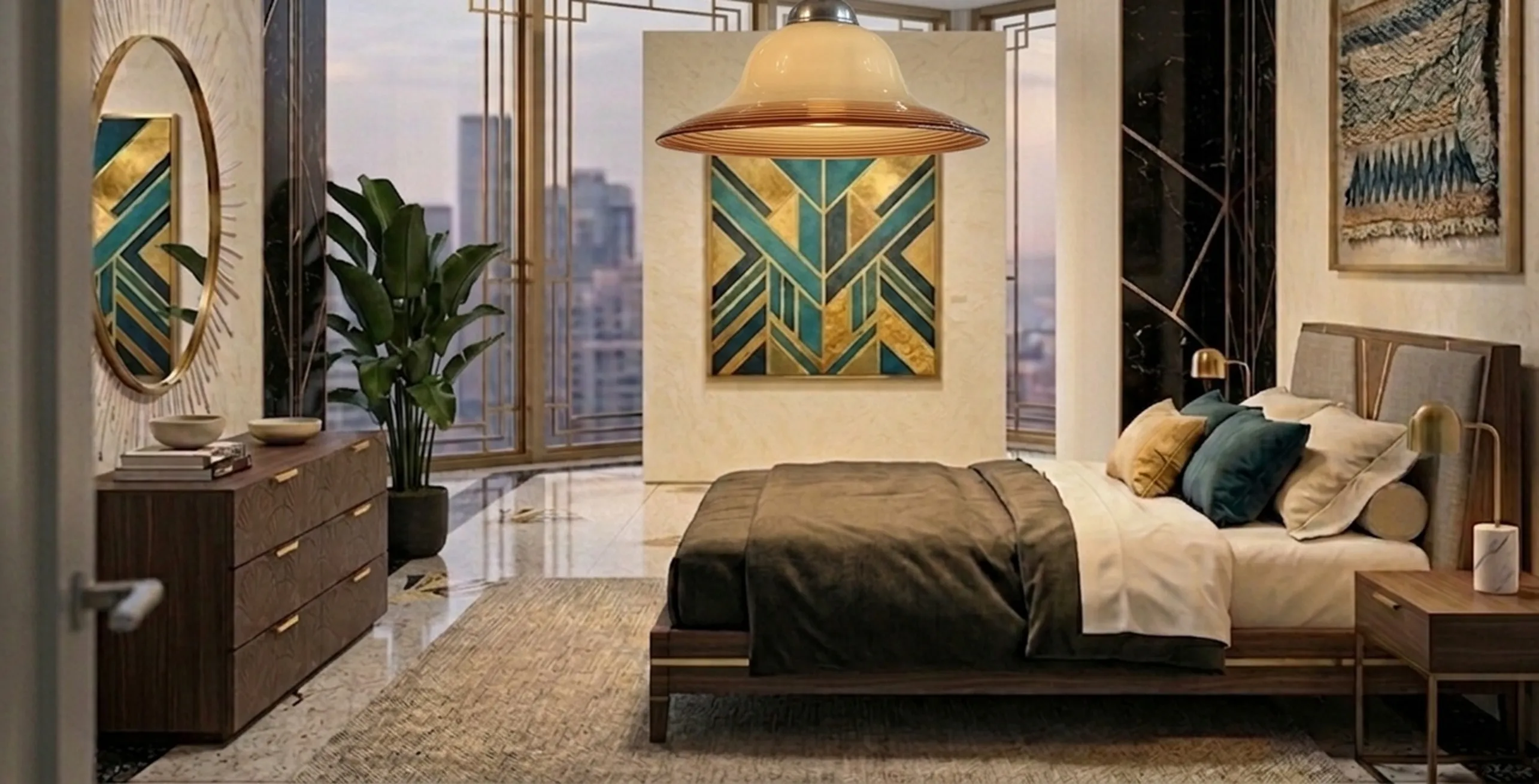 古代ハンギングランプと現代の寝室で柔らかい光