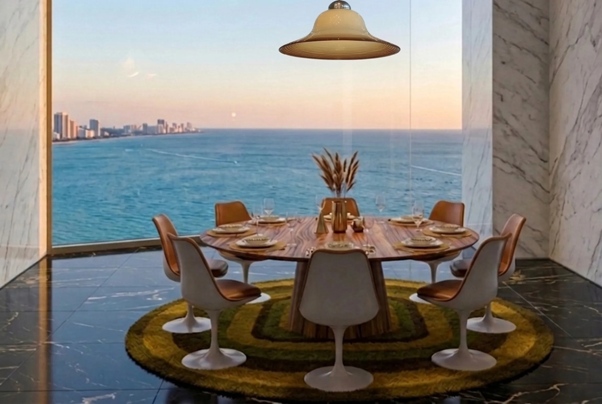 Lâmpada de teto antiga pendurada sobre a mesa com vista para o mar.