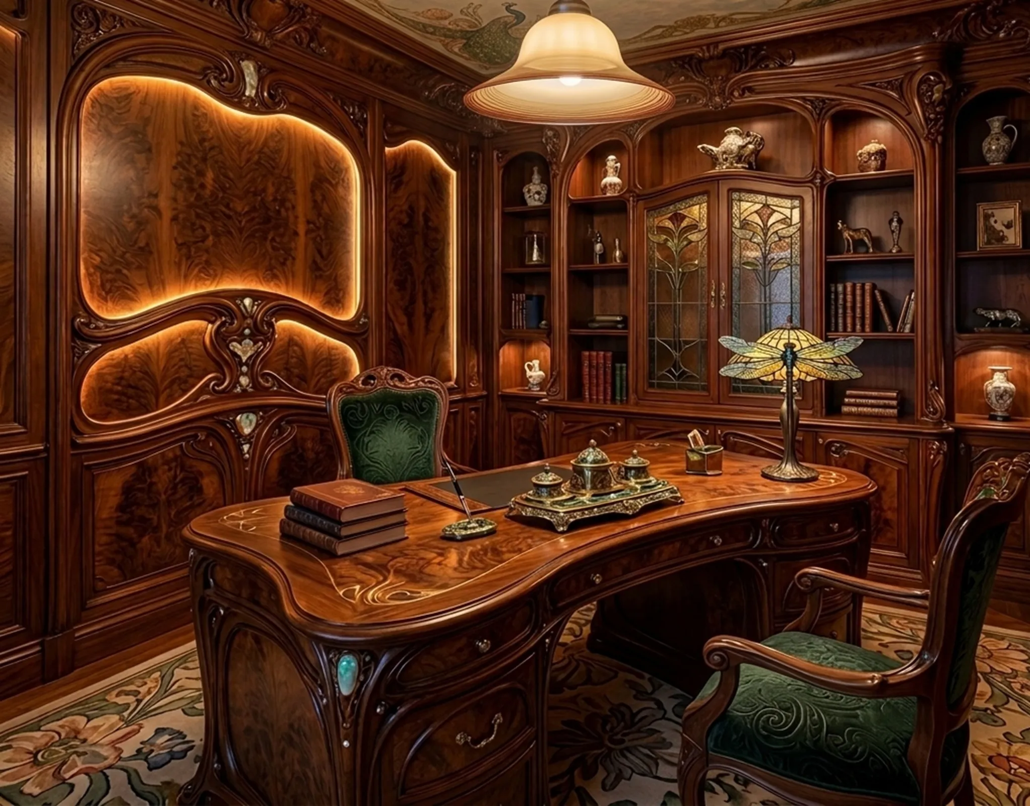 Lámpara de techo antigua elegante en oficina de madera oscura