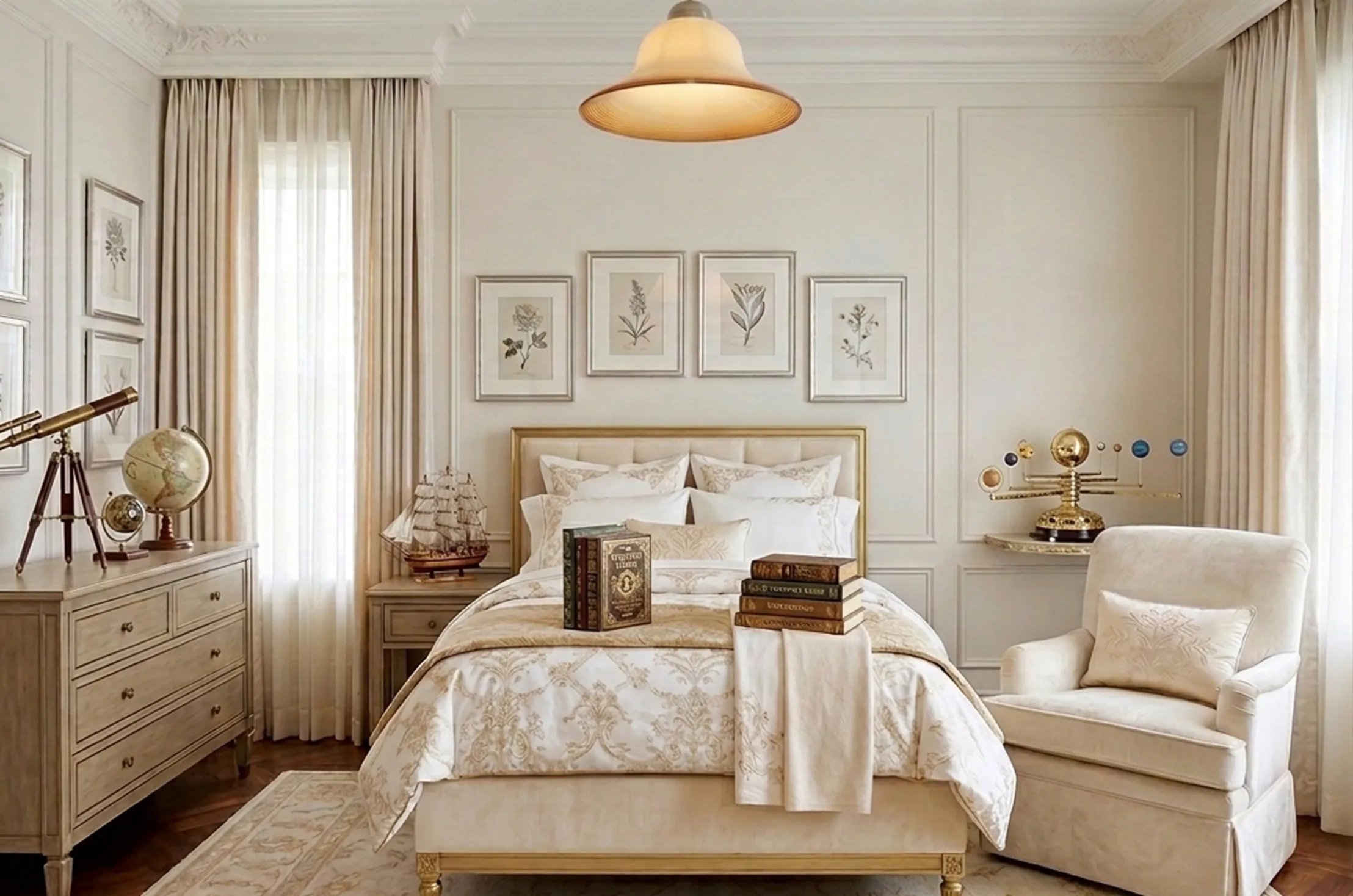 Lustre antique illuminant une chambre avec des lits, des livres et des décorations.