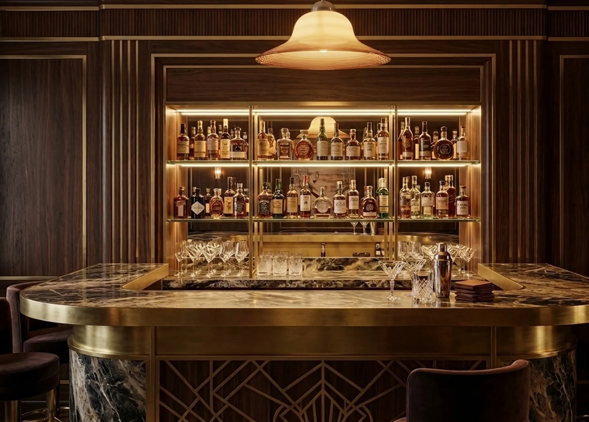 lampara de techo antigua con luz suave y decoración cálida, fondo de bar elegante