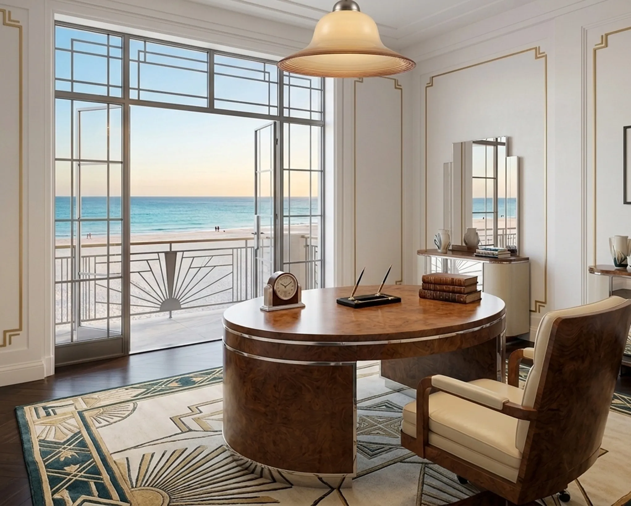Ancien lustre dans un bureau moderne avec vue sur la mer