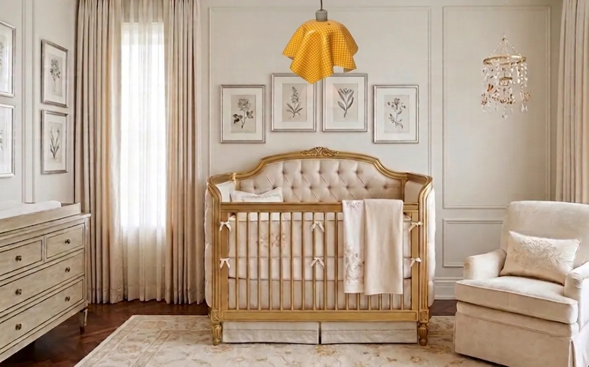Lâmpada de teto antiga amarela em um quarto elegantemente decorado com berço.