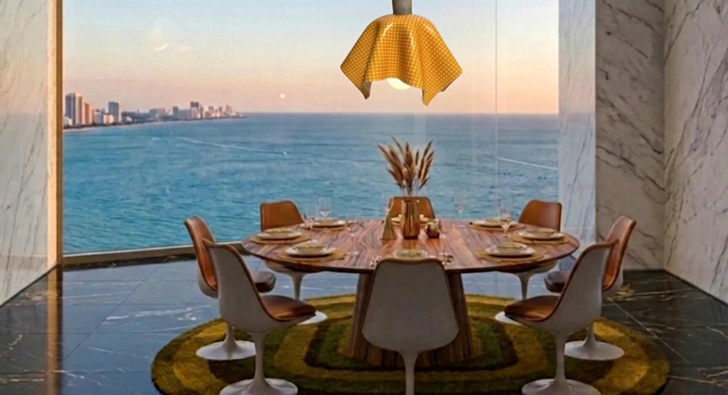 antike hängelampe über einem tisch mit meerblick