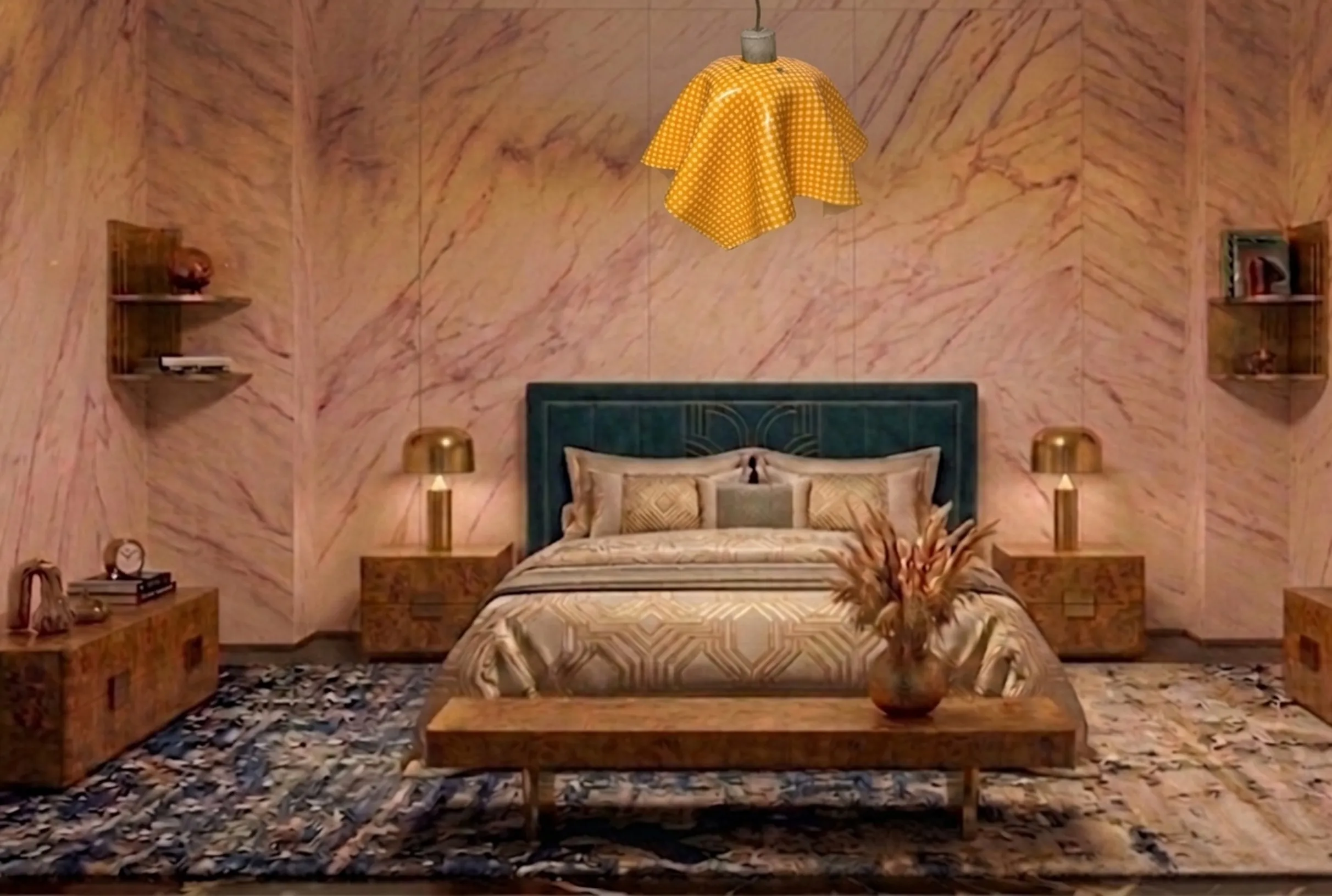 gelbe antike hängelampe mit rockform in eleganter wohnung