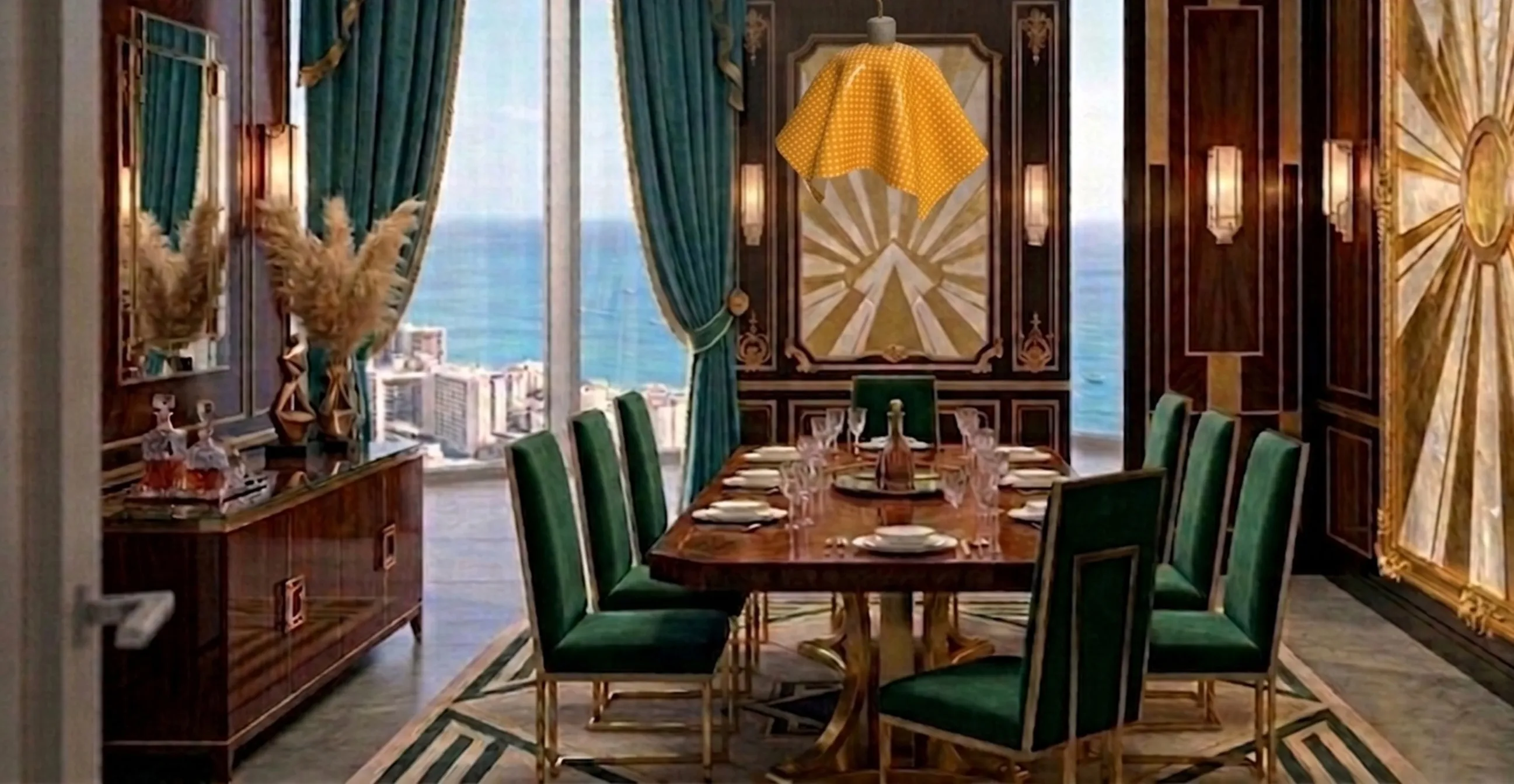 Lampada a sospensione antica gialla con pois, ambiente elegante