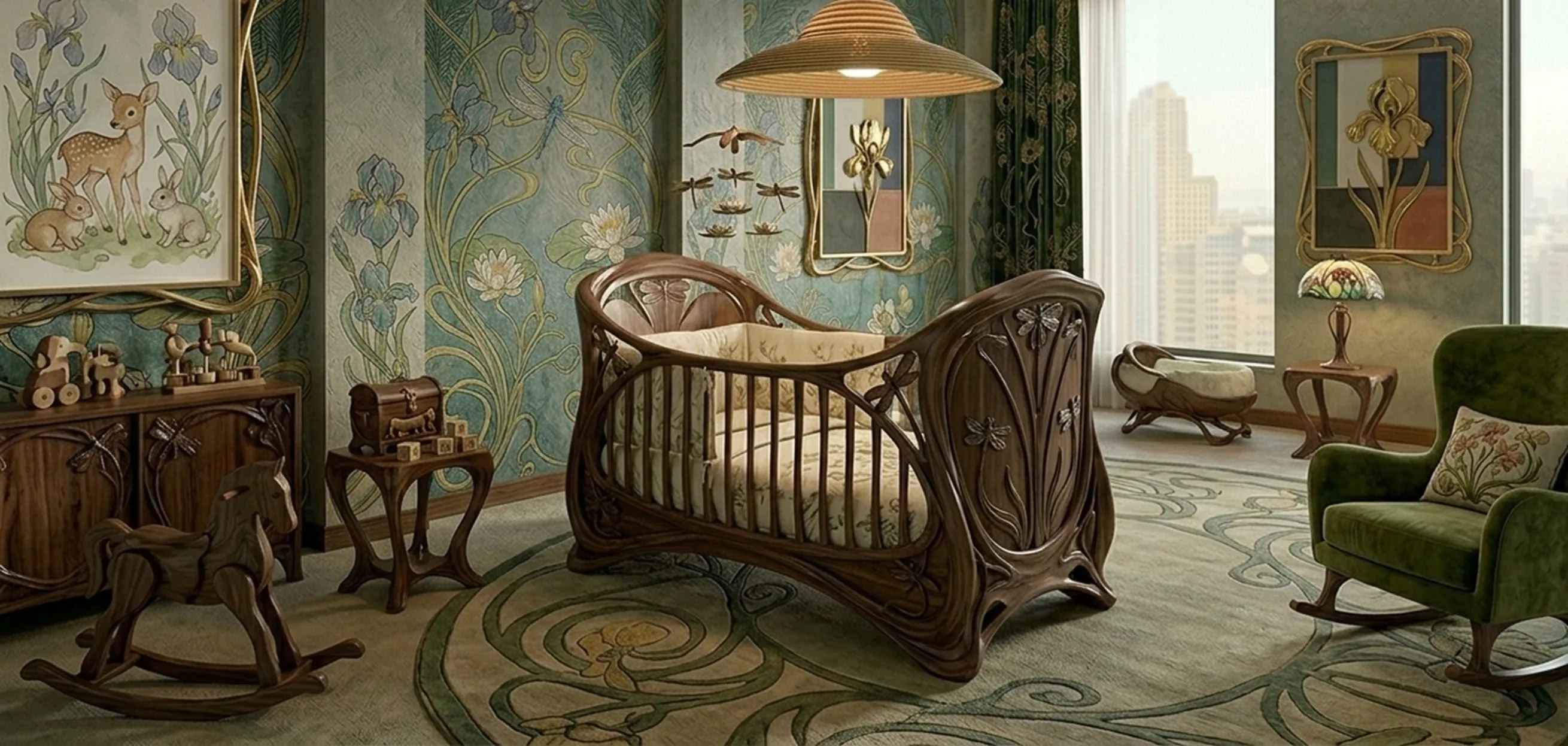 lampada a sospensione antica che illumina una cameretta con decorazioni floreali e giocattoli di legno