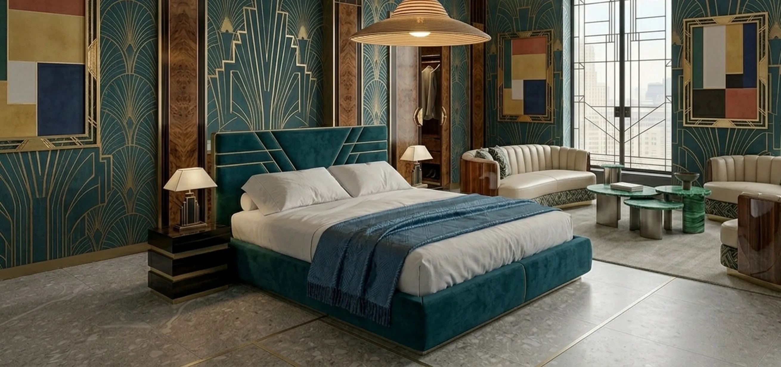 antike hängelampe über einem dekorativen Bett mit Wänden im Art Déco-Stil