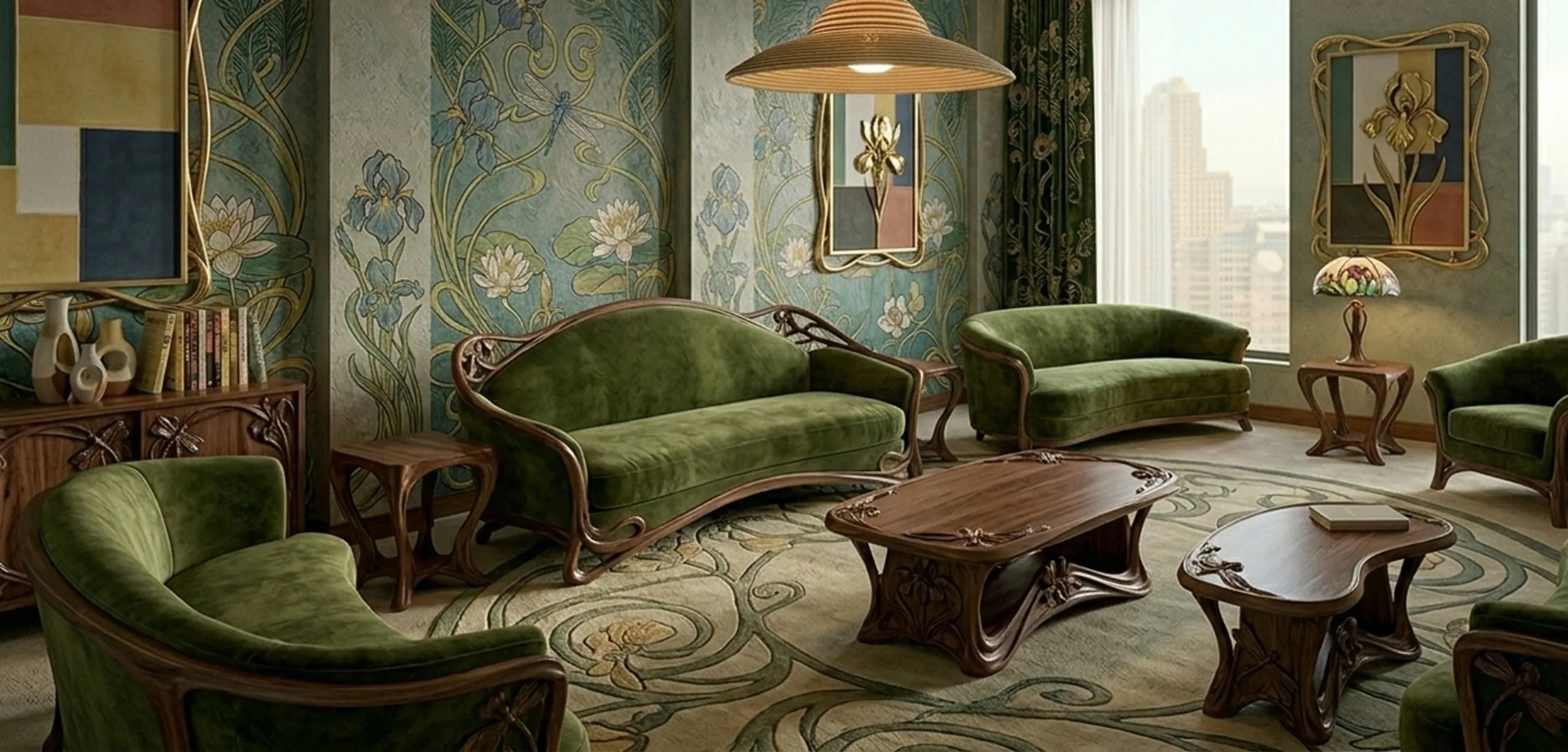 Antique hanging lamp in a decorative environment with green sofas.
