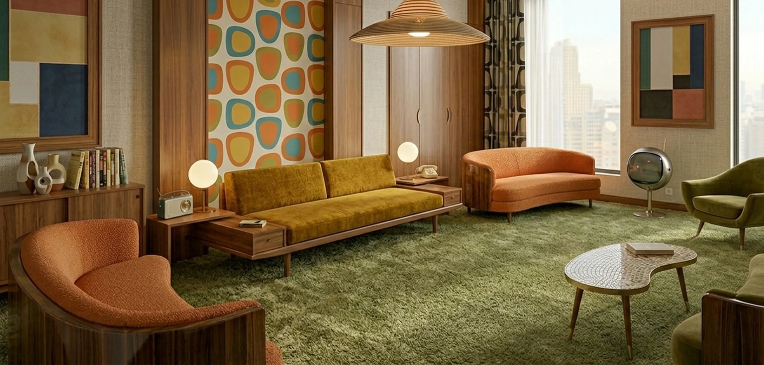 Vintage hanging lamp in a cozy environment with chairs and retro decoration