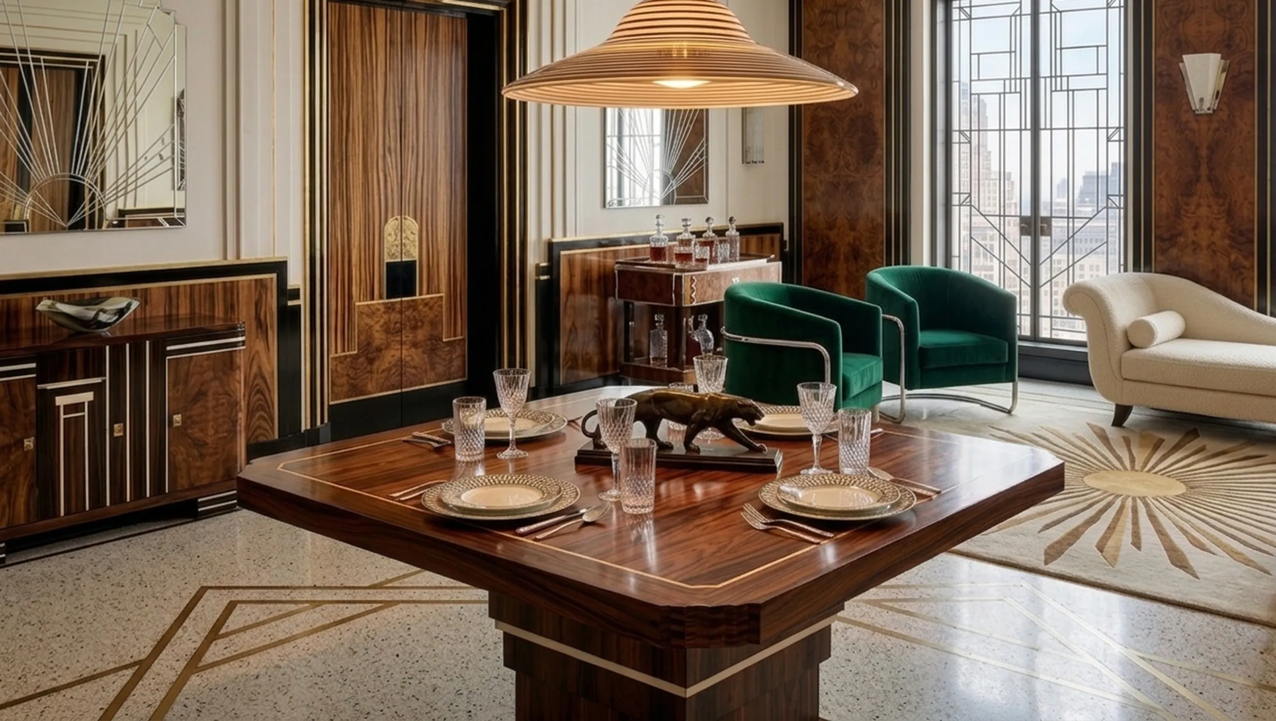 Lustre ancien au design élégant dans une salle à manger avec des meubles fins