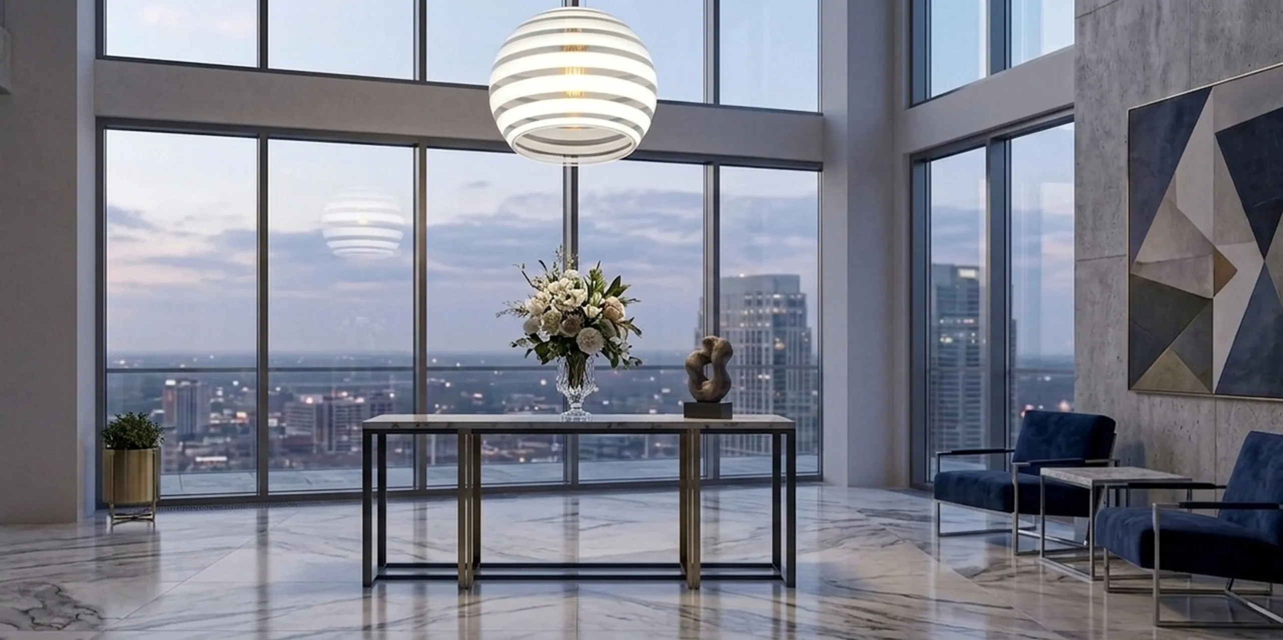 Antique hanging lamp by Paolo Venini in a modern setting with flowers