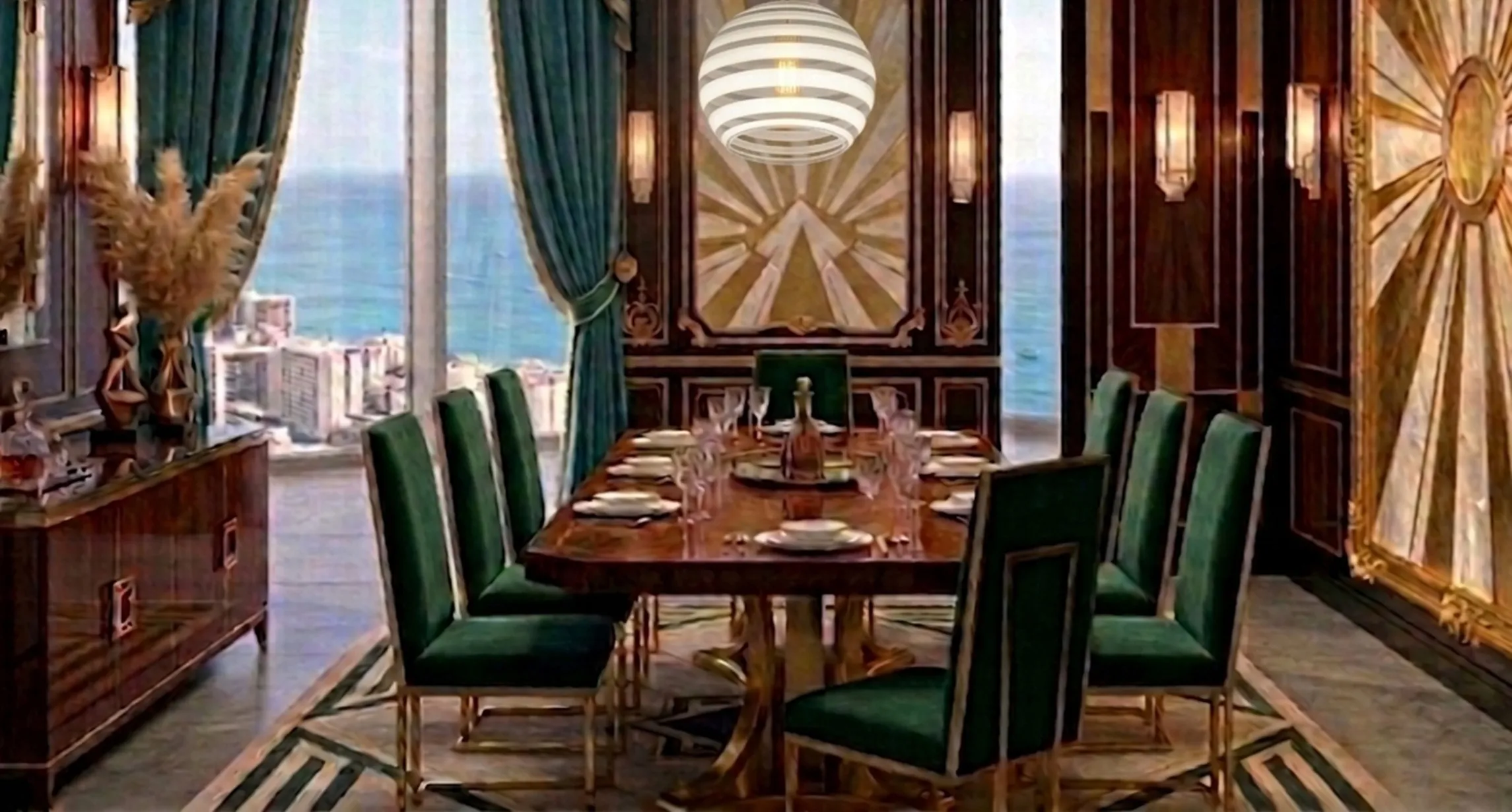 Lámpara de techo antigua paolo venini en sala elegante con vista