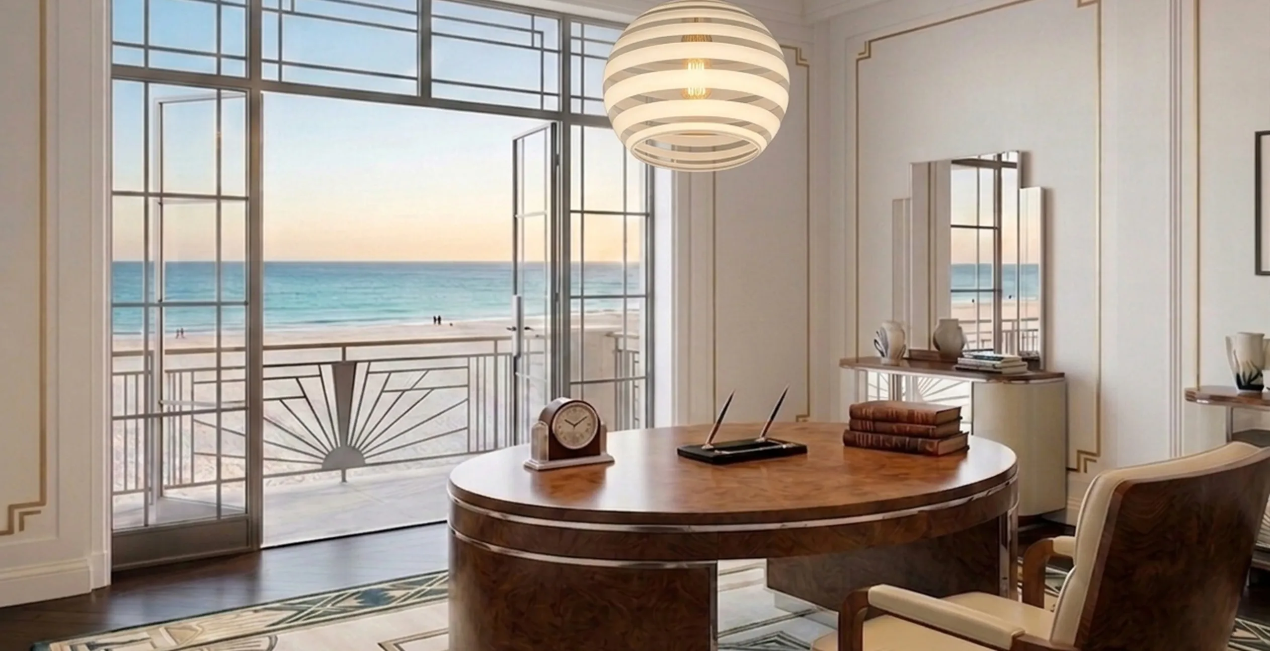 Lâmpada de teto antiga com design elegante em um quarto iluminado com vista para a praia.