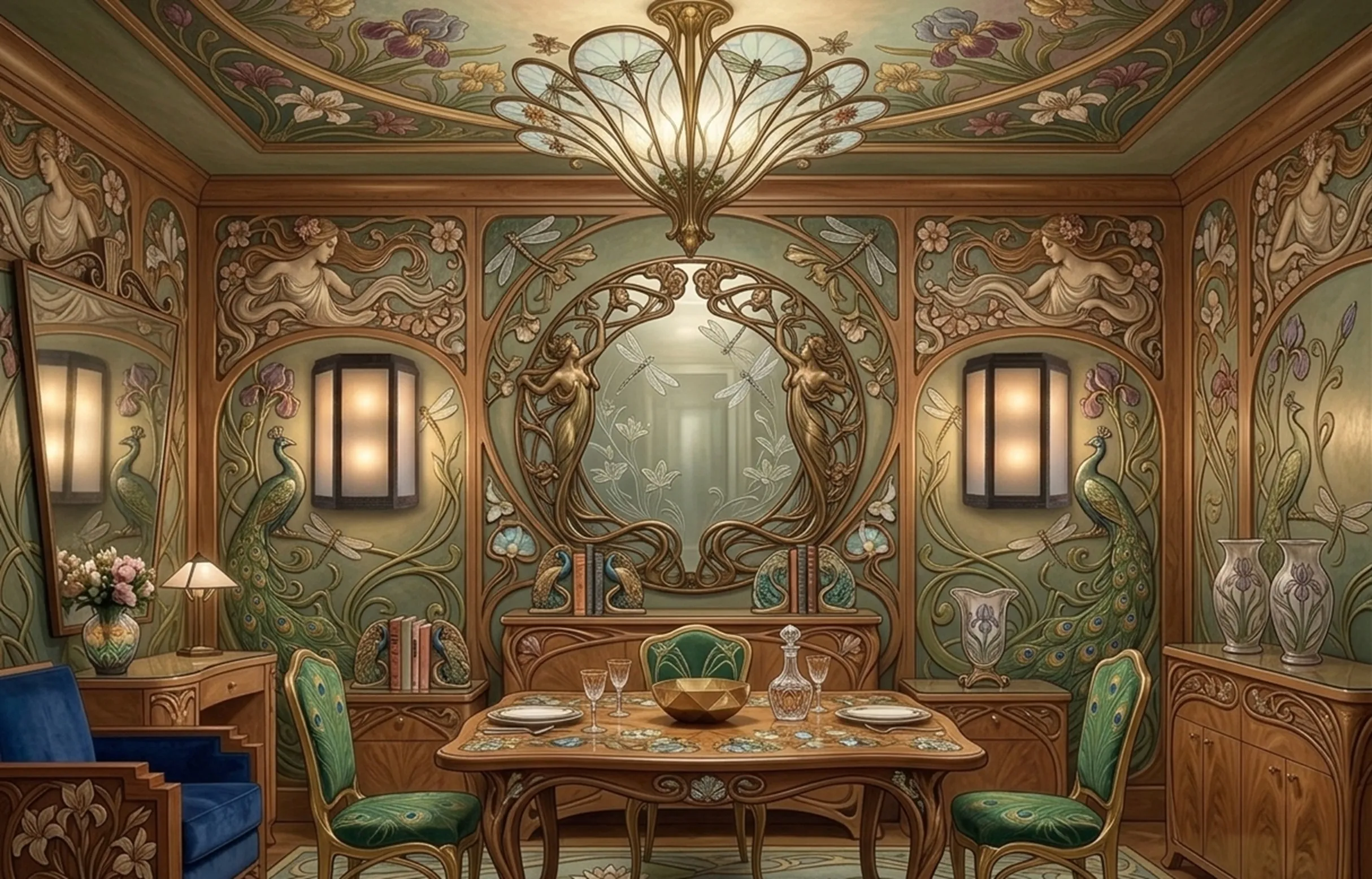 Paire d'appliques anciennes dans un environnement décoratif, avec des détails complexes et colorés.