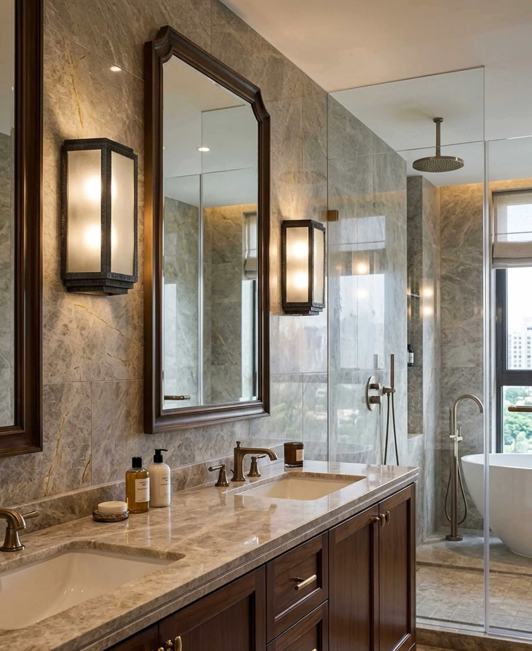 Antique pair of sconces in a stylish bathroom with a large mirror.