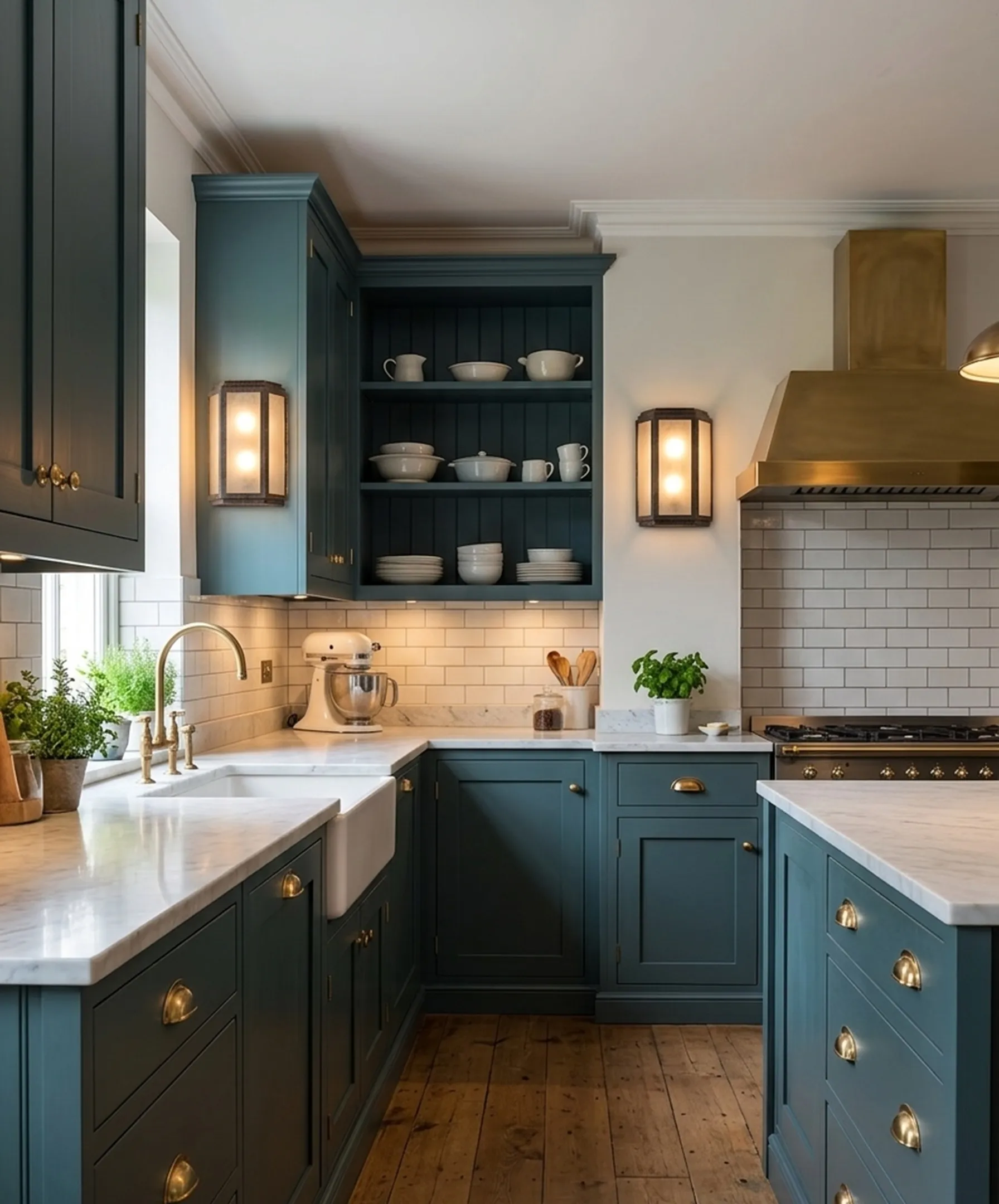 Antiche applique in una cucina con armadi blu