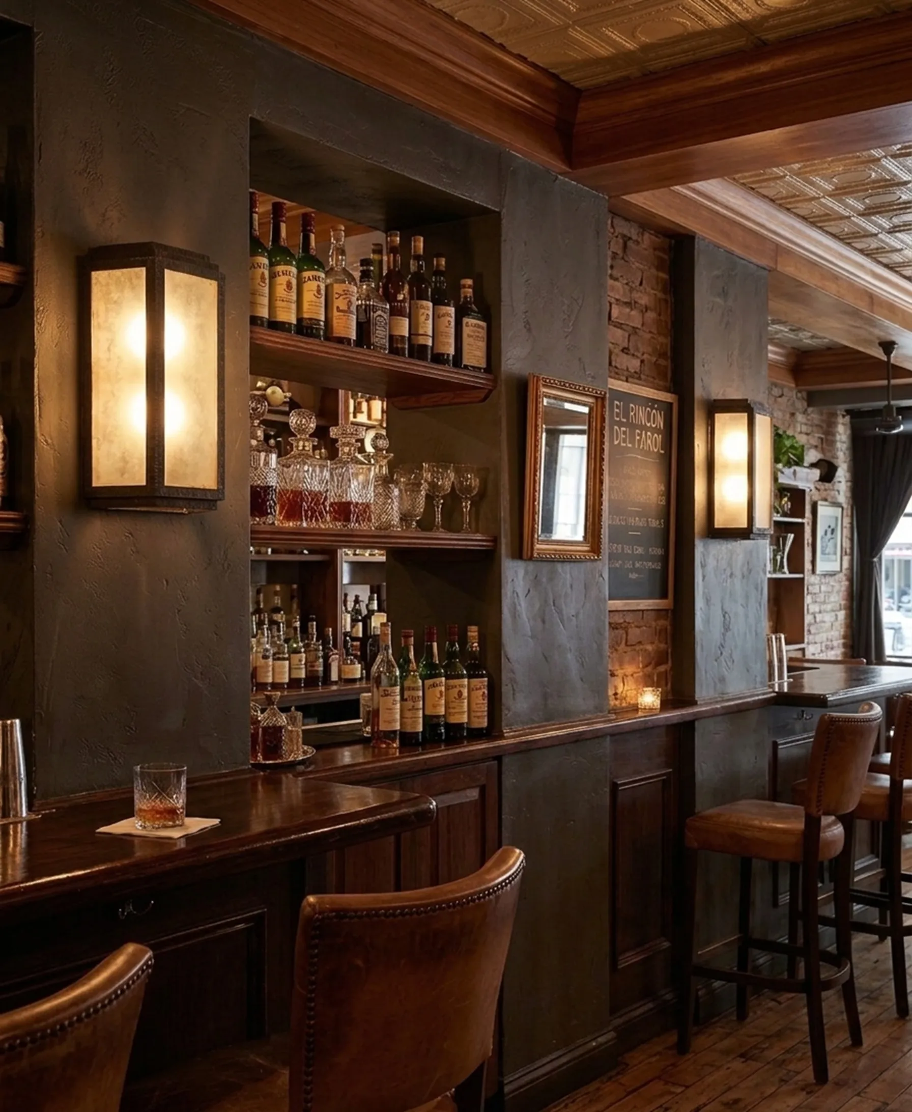 古董壁灯为经典风格酒吧照明。