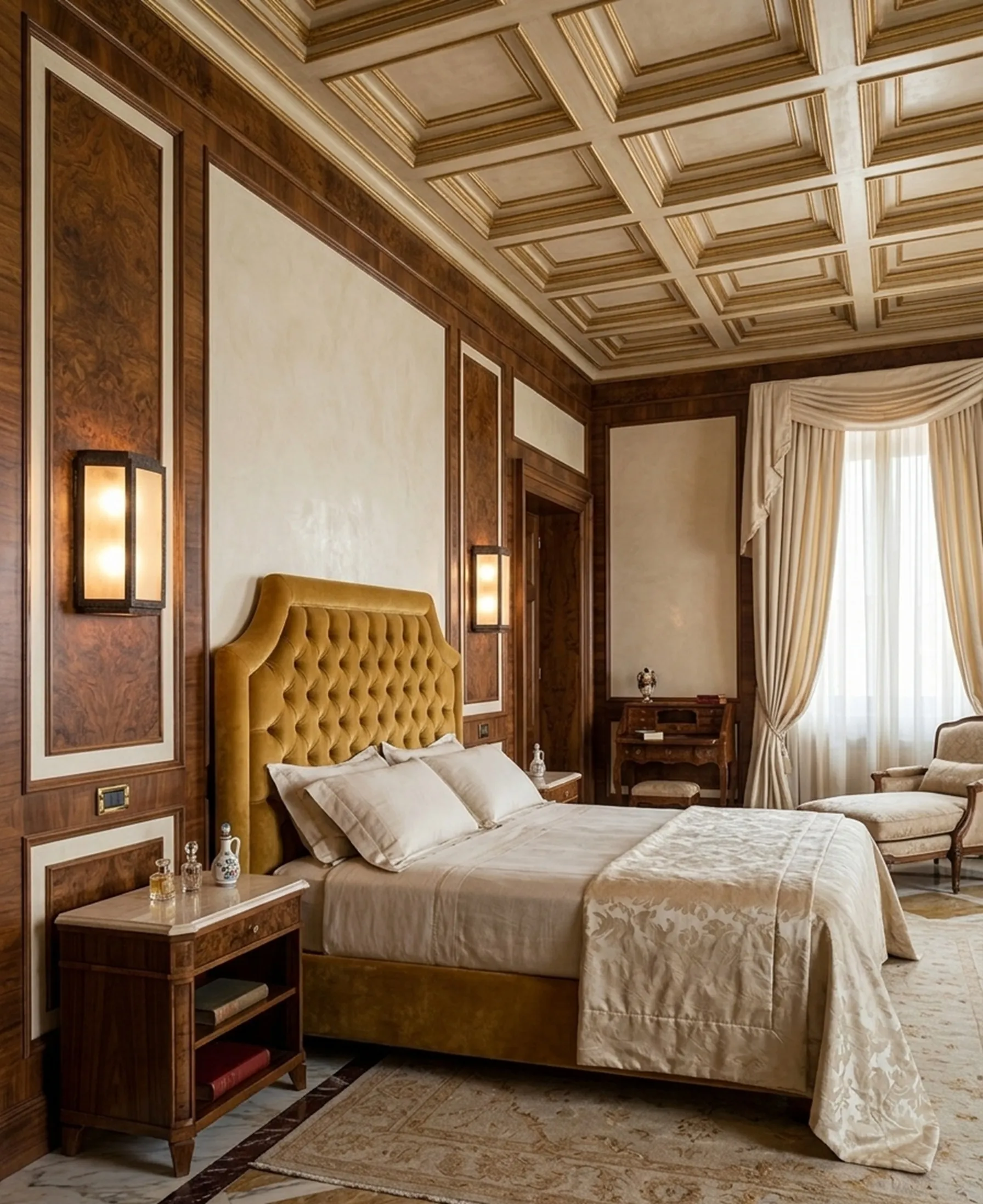 古い壁ランプのペアが金色のヘッドボードを備えたエレガントな寝室を照らしています