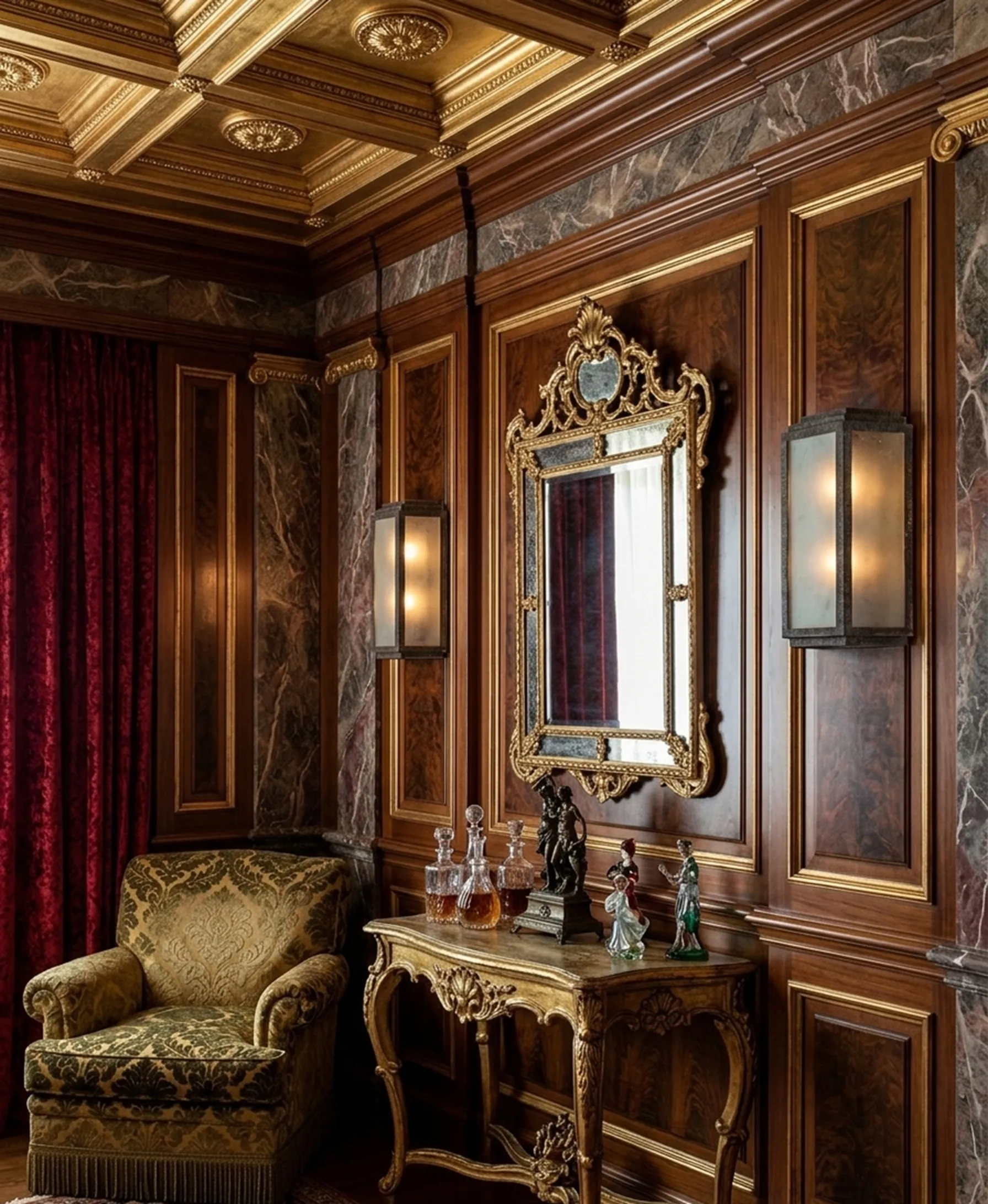 Um elegante par de luminárias antigas em um ambiente clássico, ao lado de um espelho e uma consola decorativa.