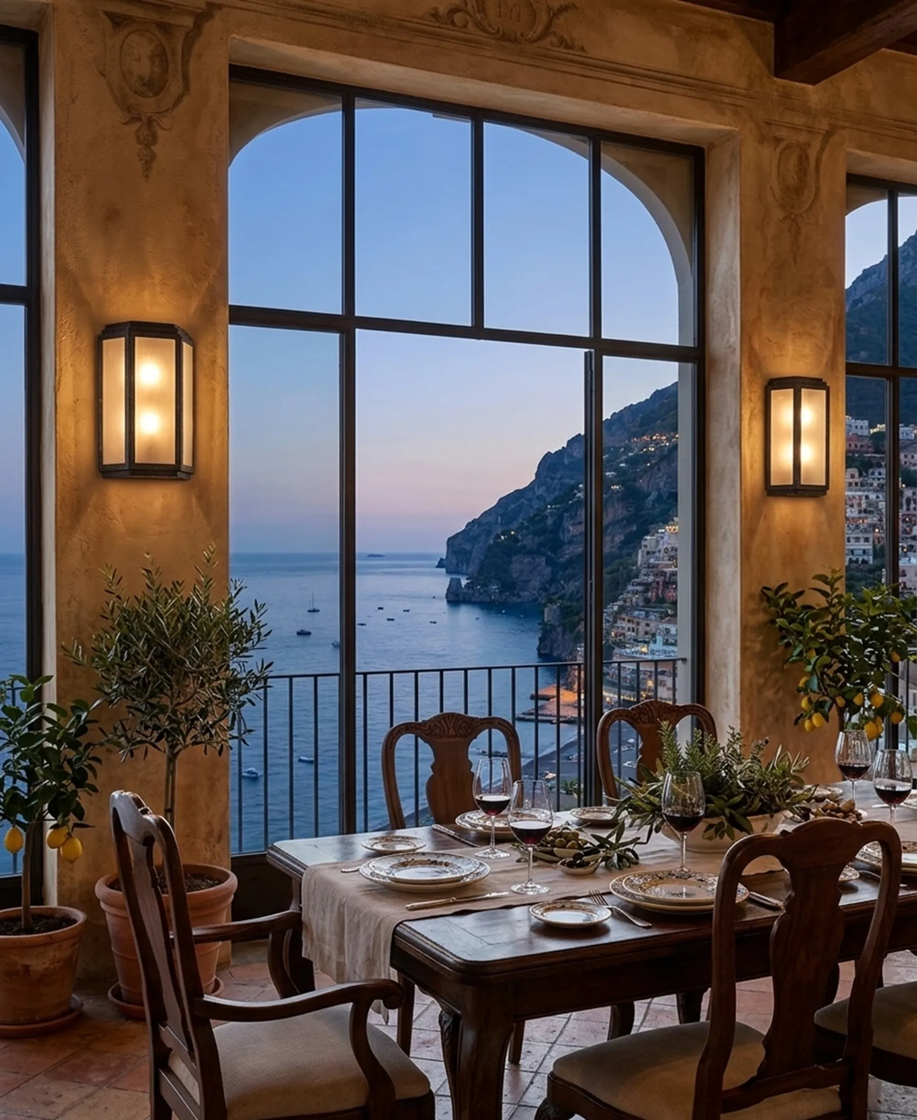 Antique sconces illuminating a room with a sea view.