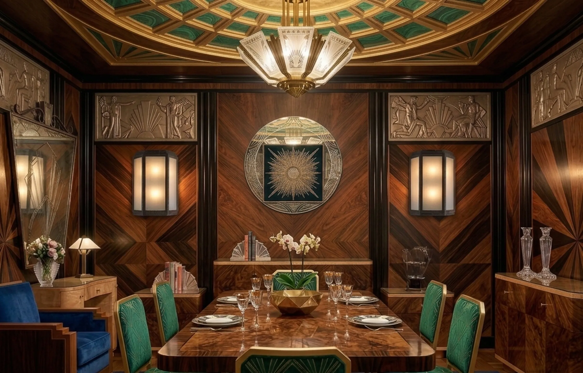 espelho antigo em sala decorada elegantemente, luzes, arte na parede