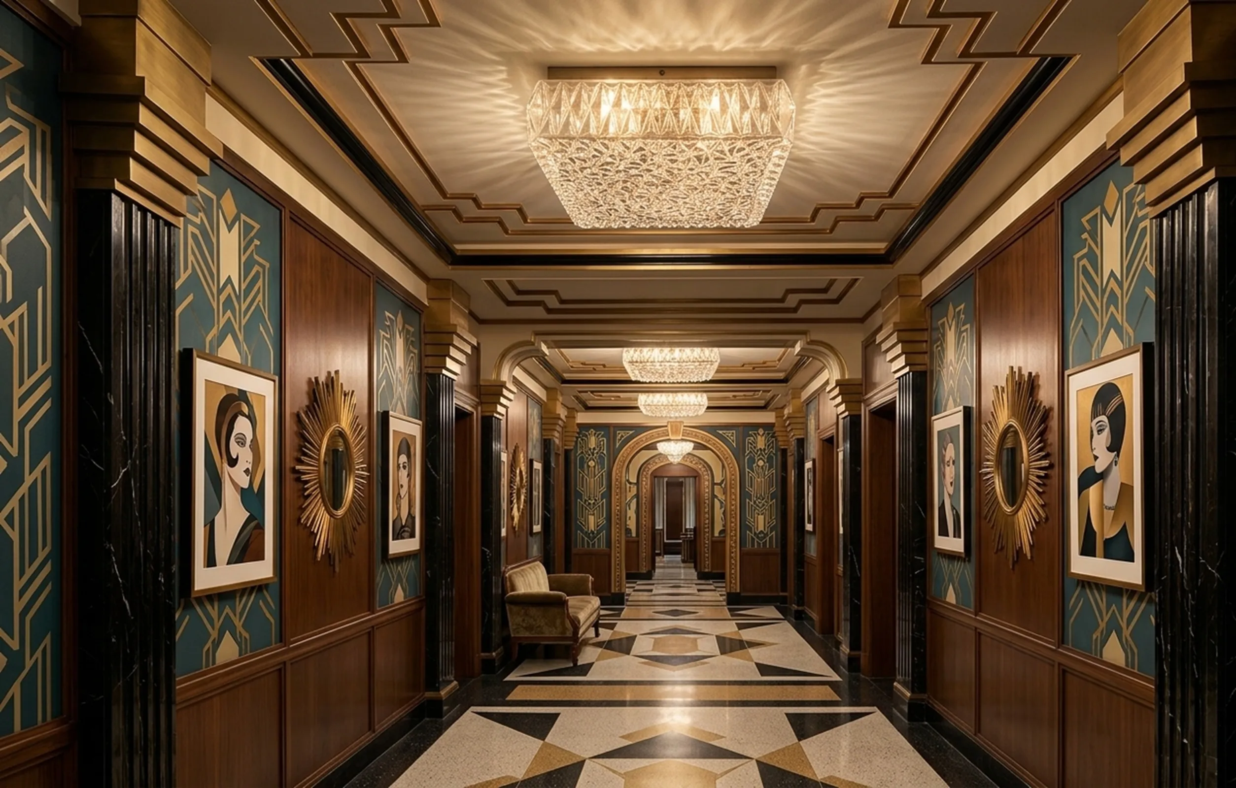 antique ceiling light in a hallway with art