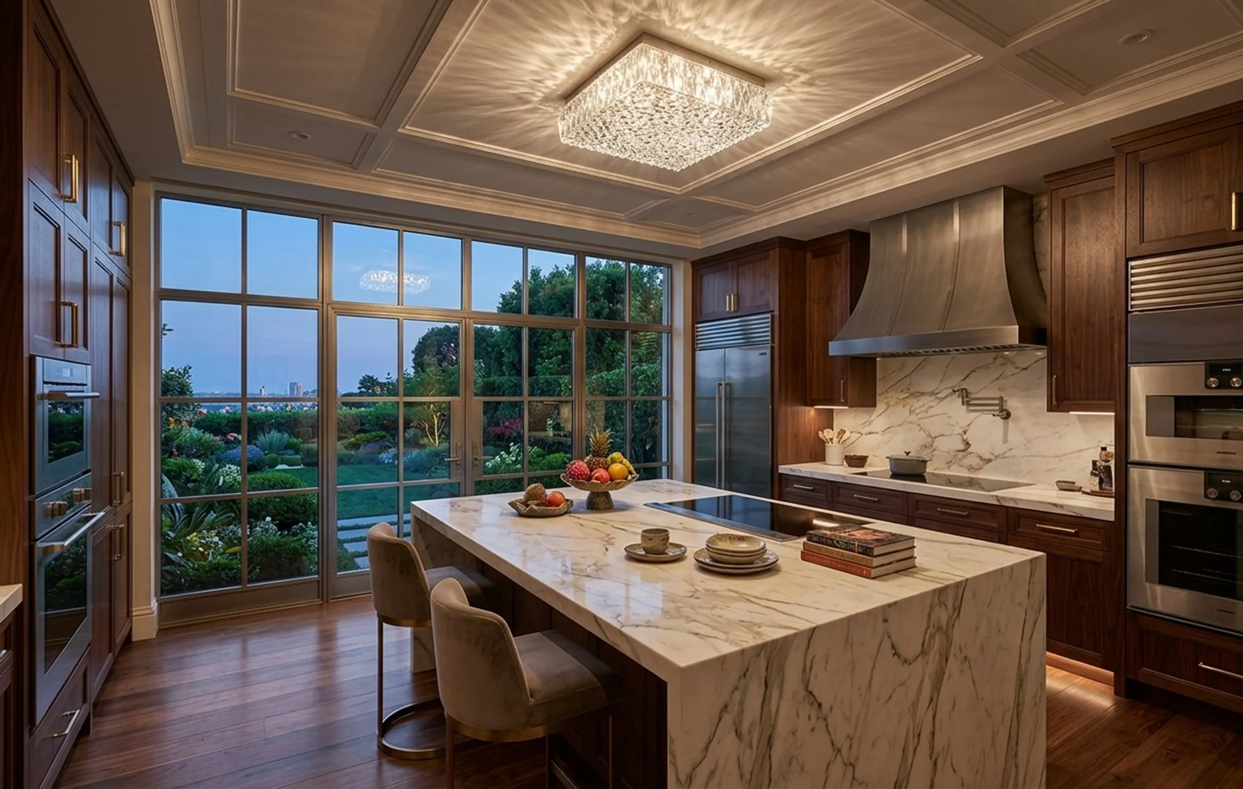 antique ceiling light in a modern kitchen with large windows and garden view