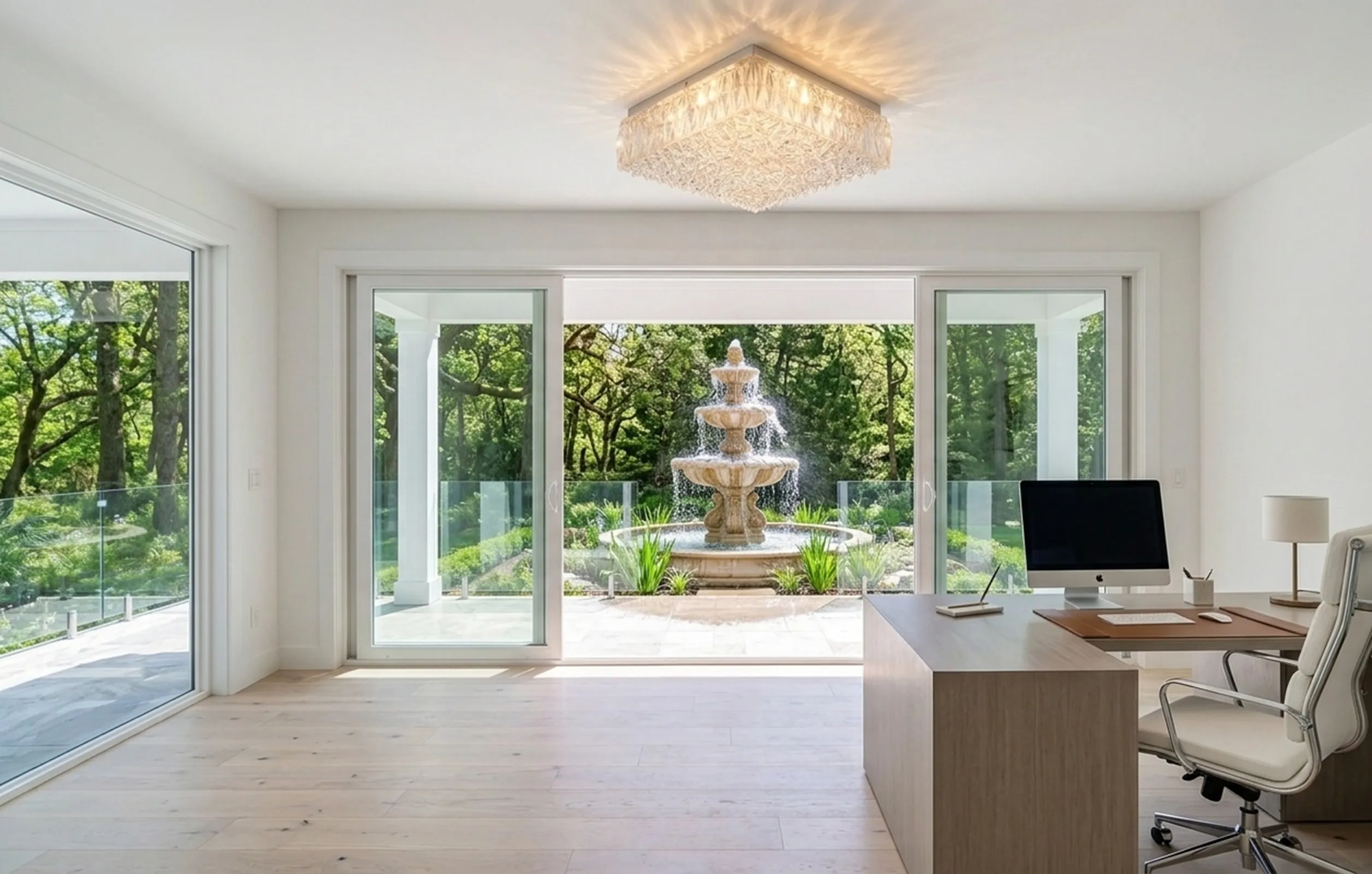 antique ceiling light elegantly illuminating a modern office with views