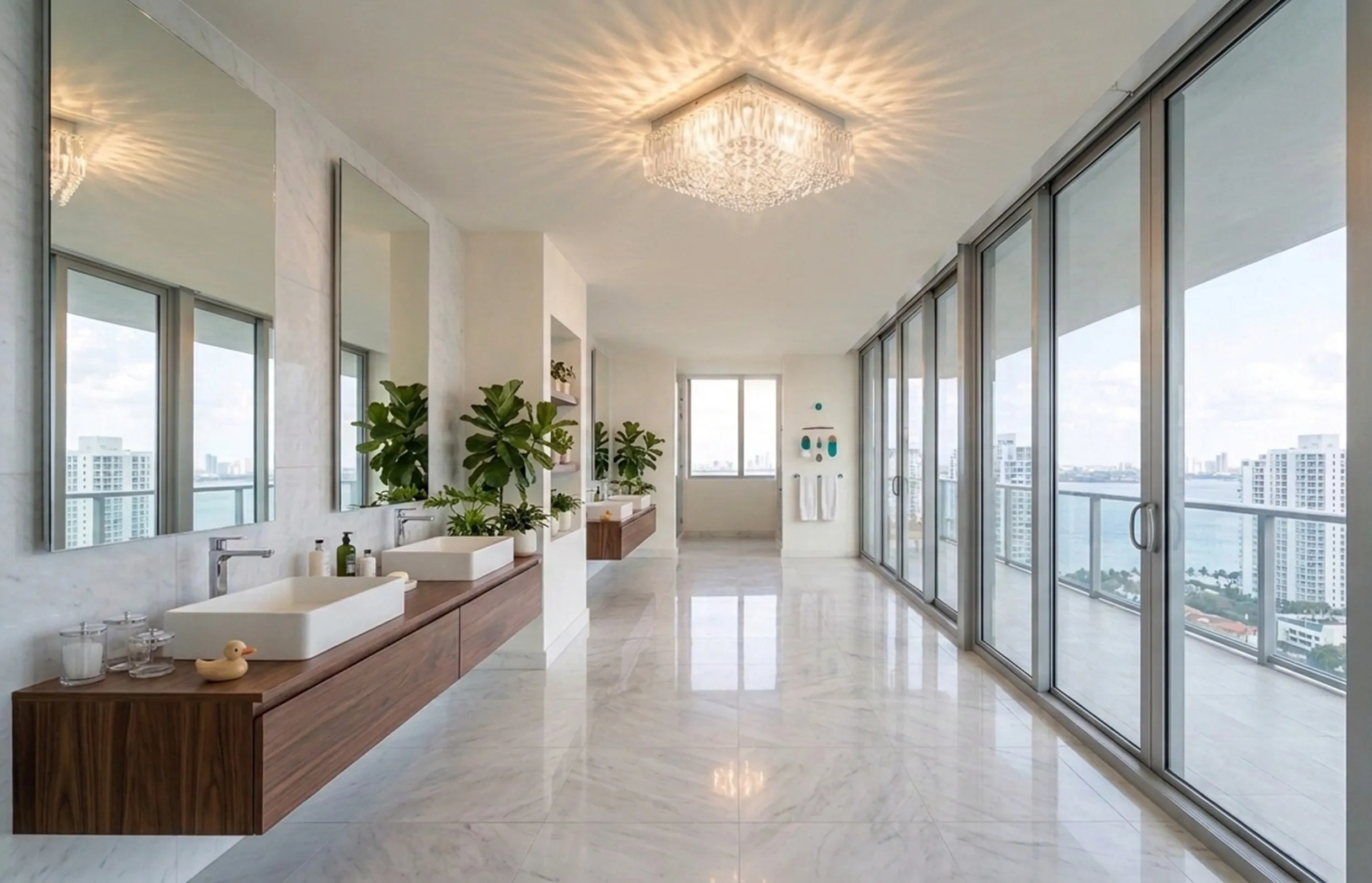 antique decorative ceiling light illuminating a modern bathroom