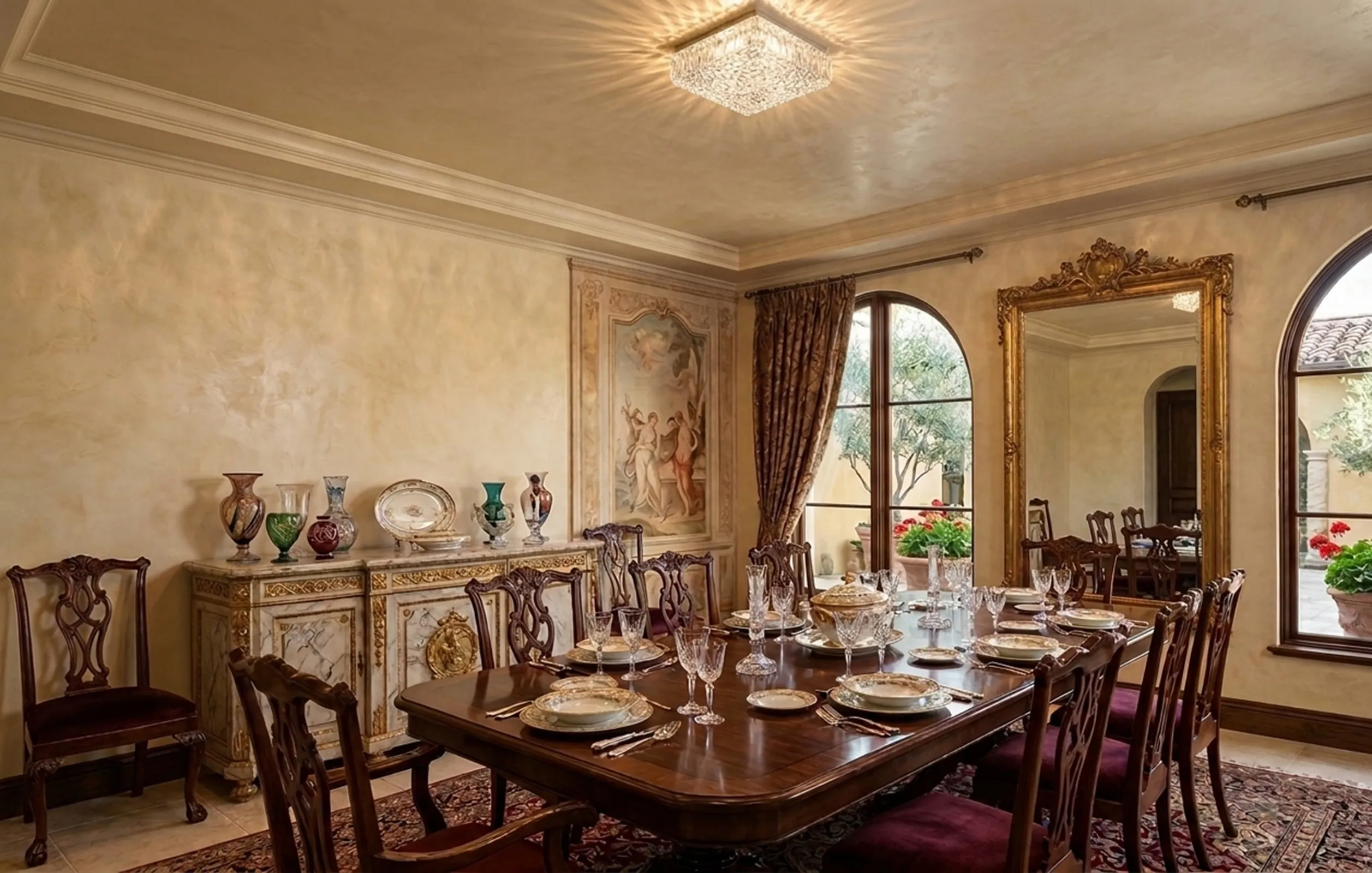 plafón antiguo iluminando un elegante comedor con mesa y sillas