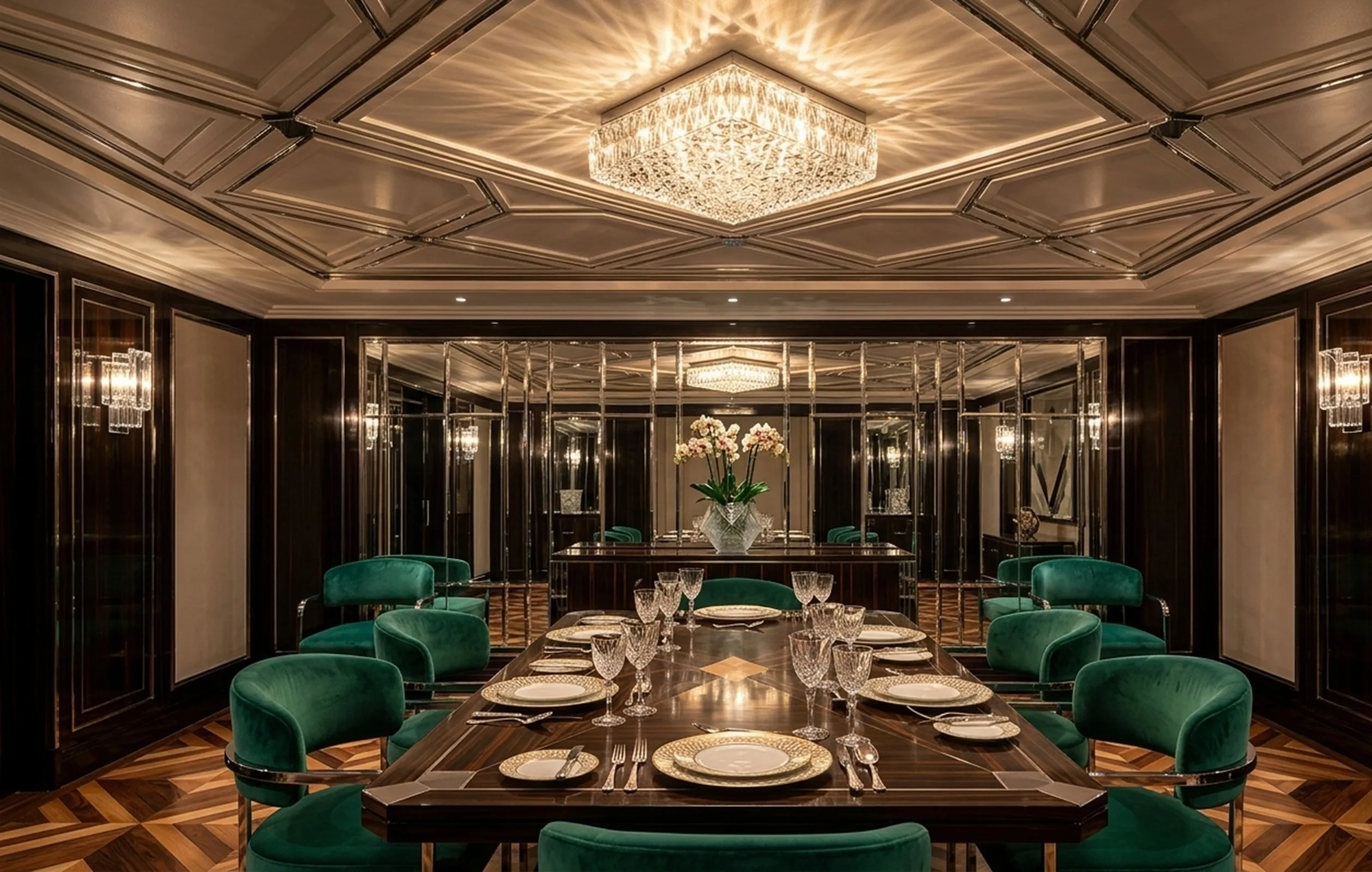 plafón antiguo decorativo con luz brillante en comedor elegante