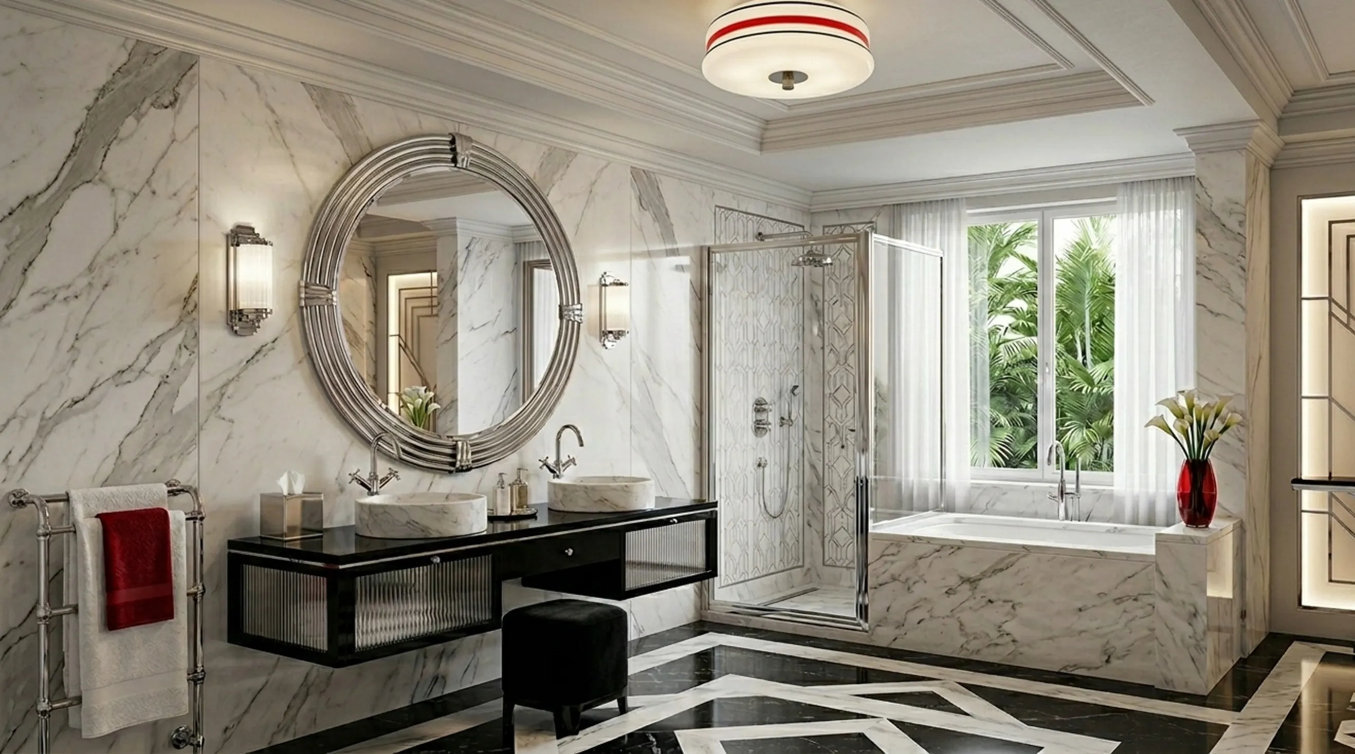 plafón antiguo con luz suave en baño elegante