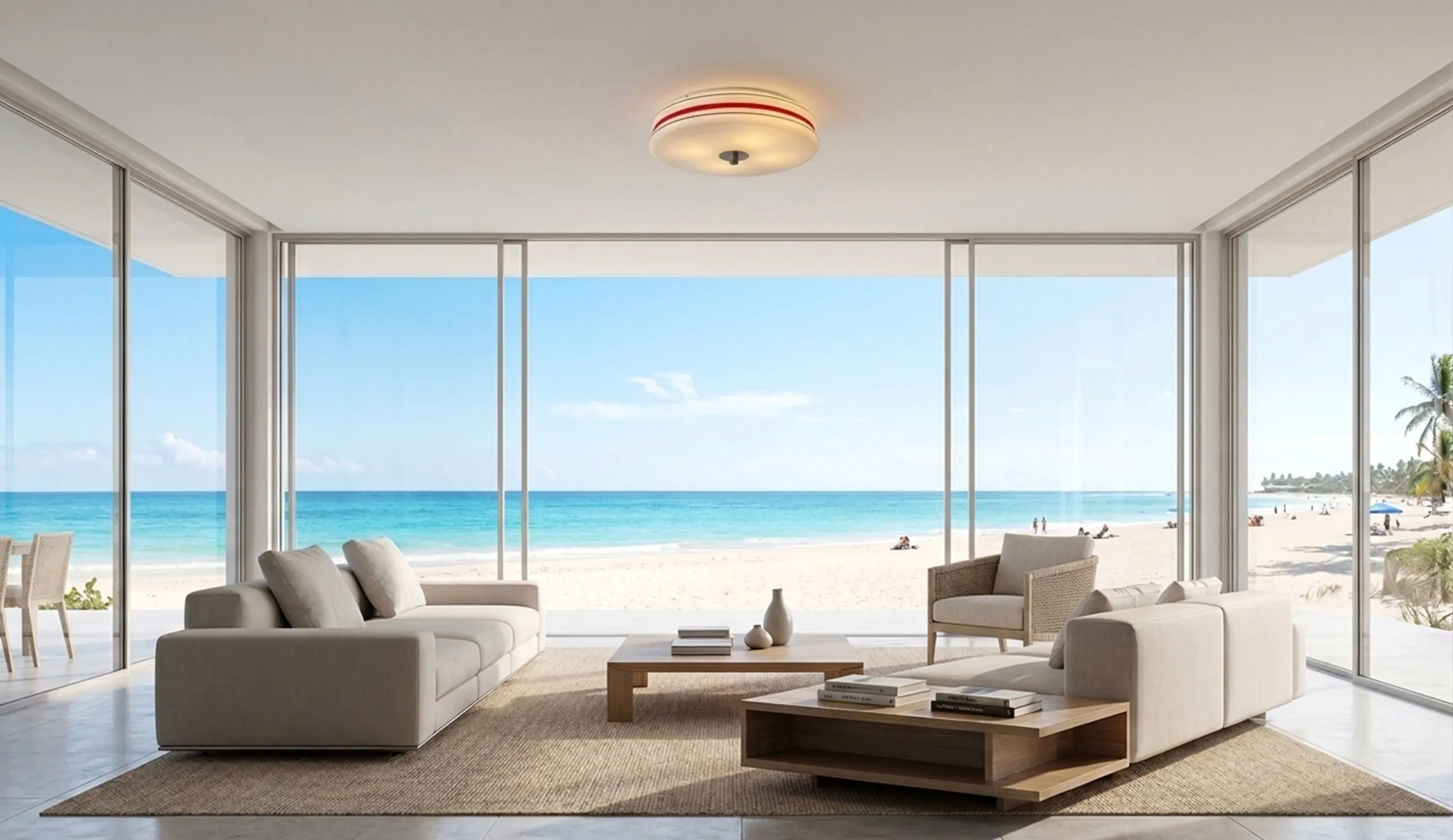 luz de teto antiga em um ambiente claro à beira-mar