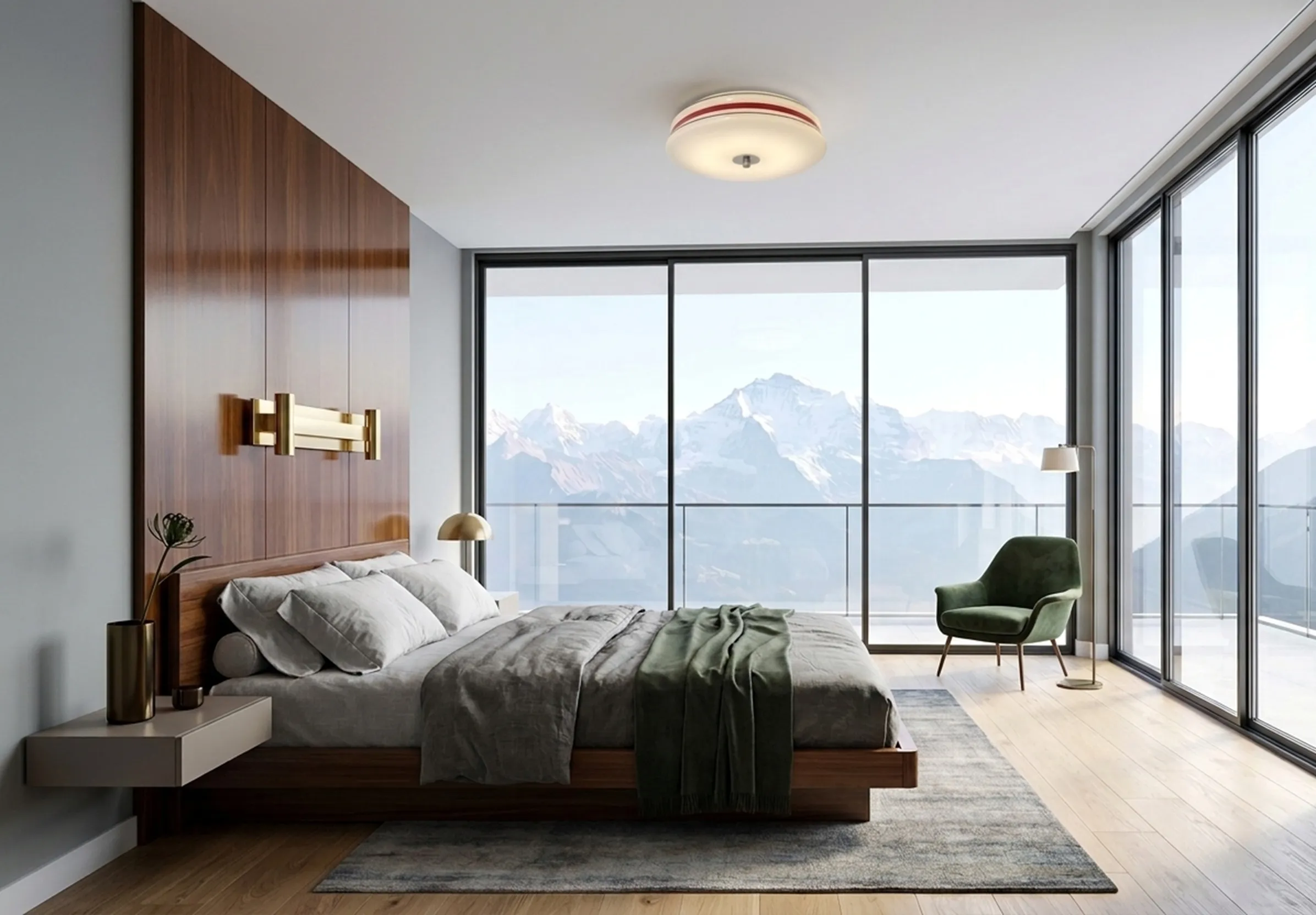 Plafonnier ancien avec design élégant dans chambre moderne, vue sur les montagnes à l'extérieur.