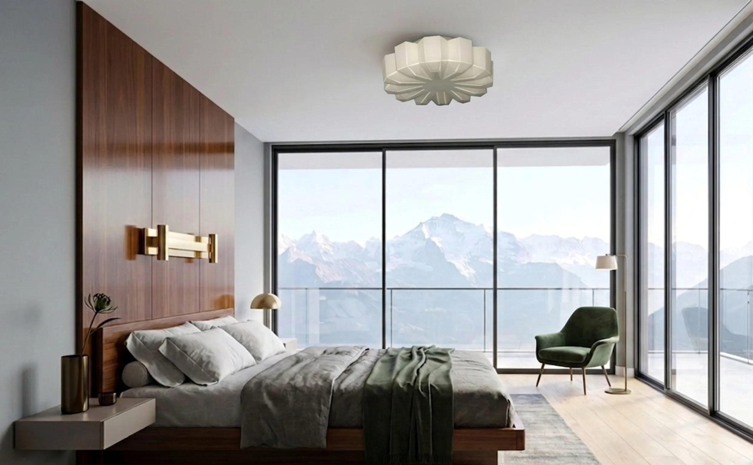 plafón antiguo iluminando habitación moderna con vistas