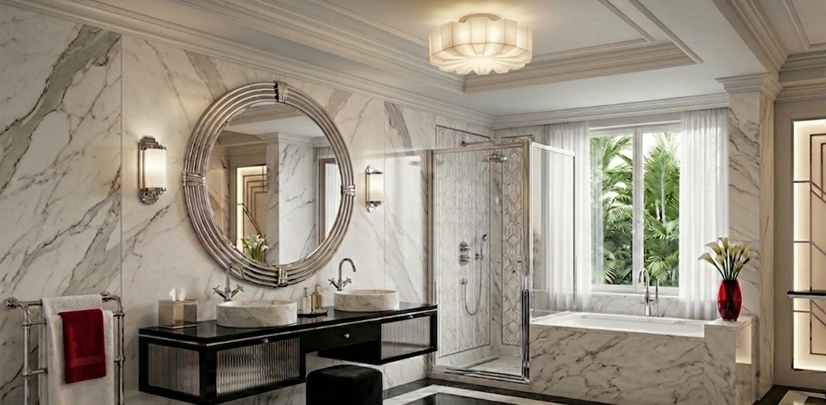 glänzende antike Deckenleuchte in einem eleganten Badezimmer