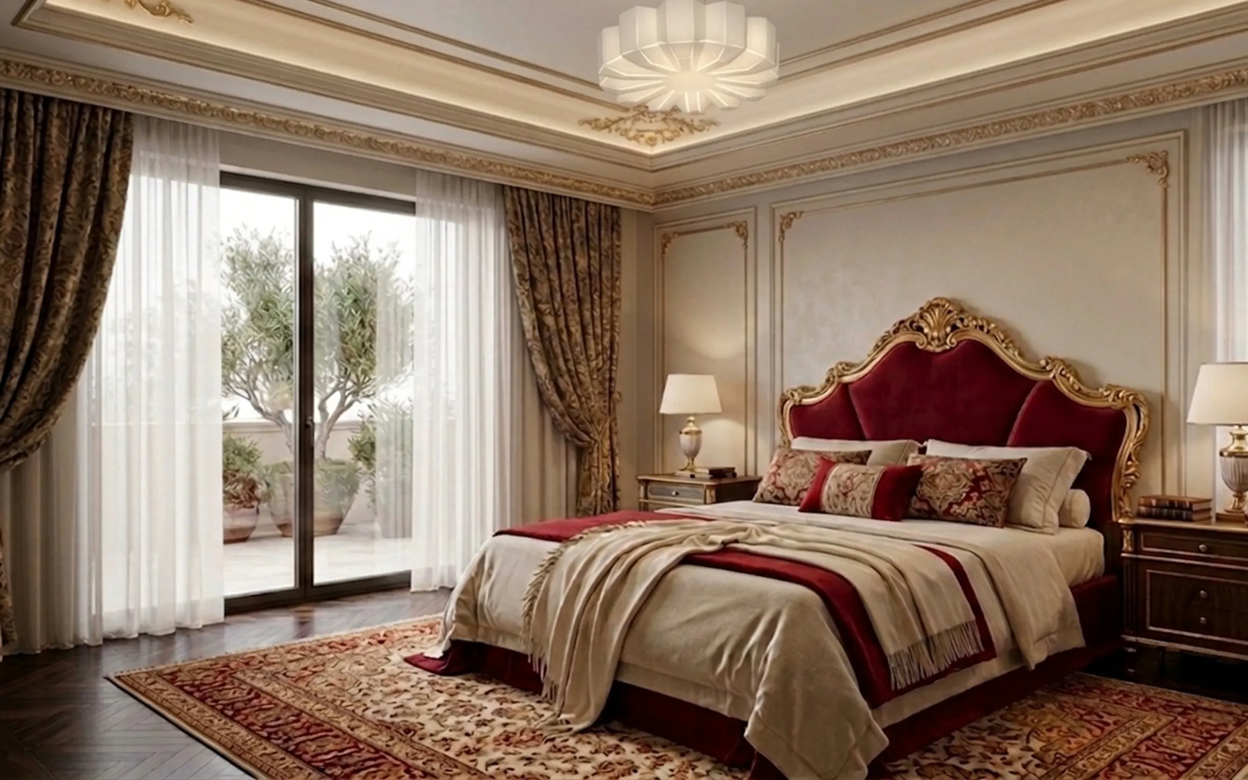 antique ceiling light in an elegant bedroom with curtains and luxurious decor