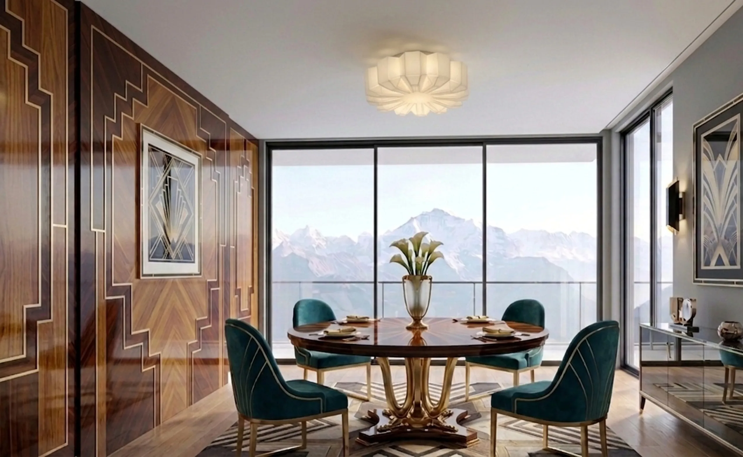 优雅的古董天花板灯，现代客厅内有美丽的景色