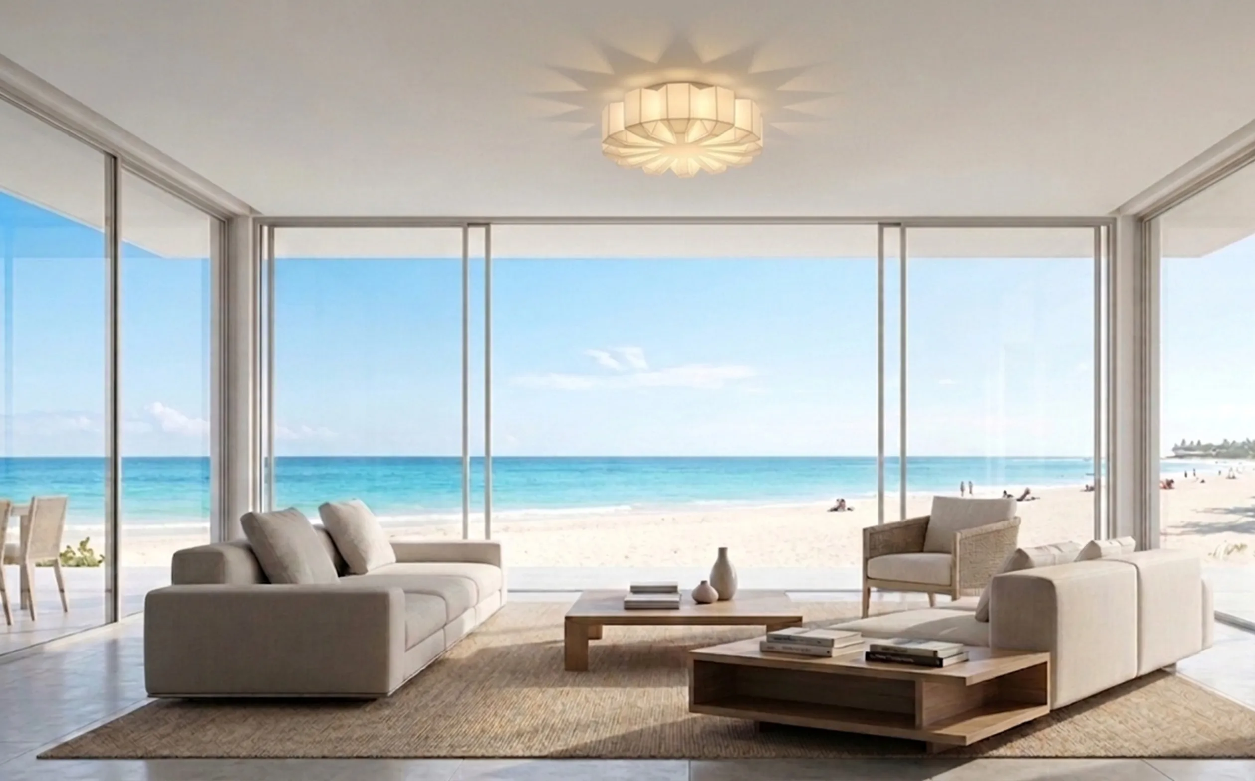 Plafón antiguo en una sala con vista al mar, suave luz